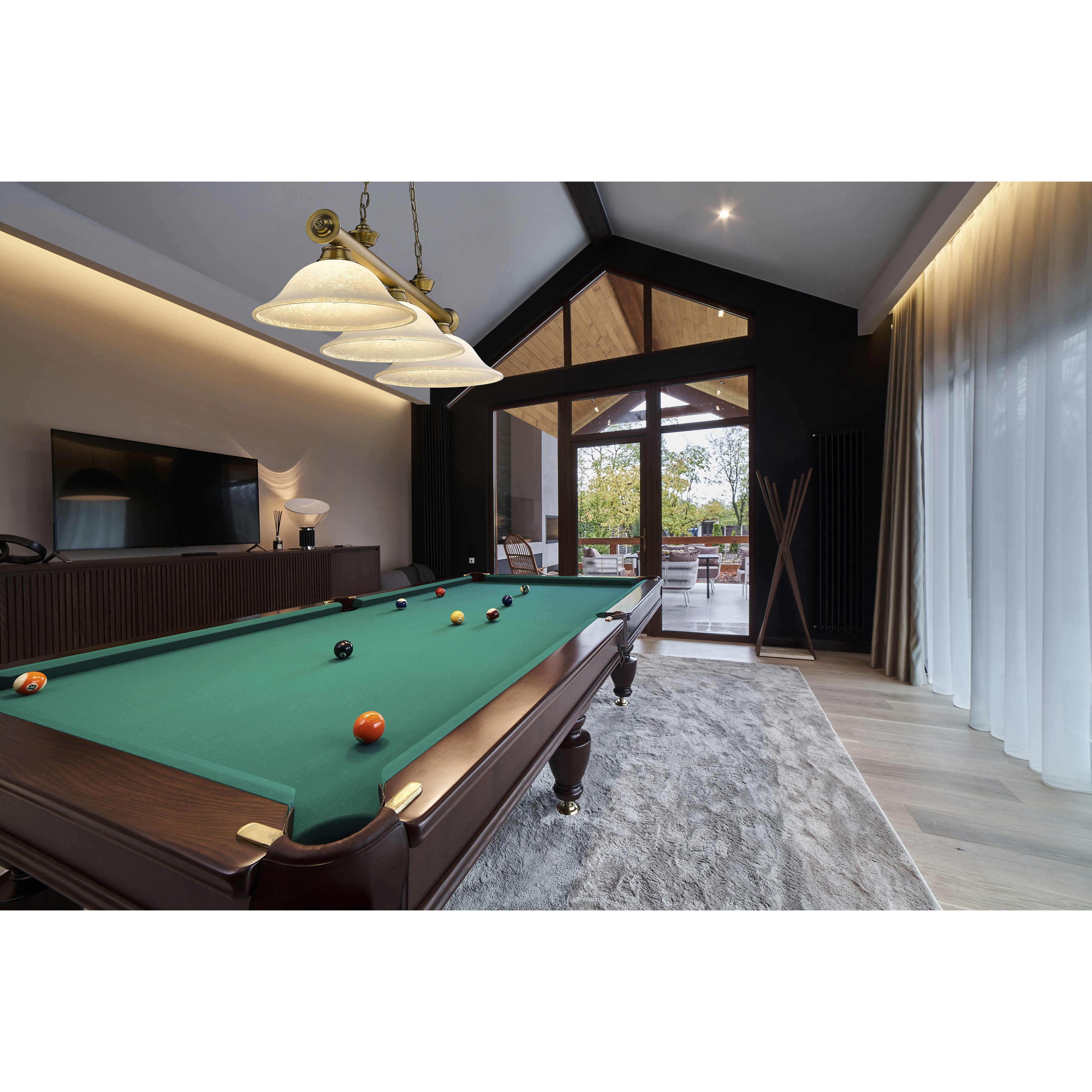 Cordon 3 Light 58 inch Rubbed Brass Billiard Ceiling Light in White Mottle Glass