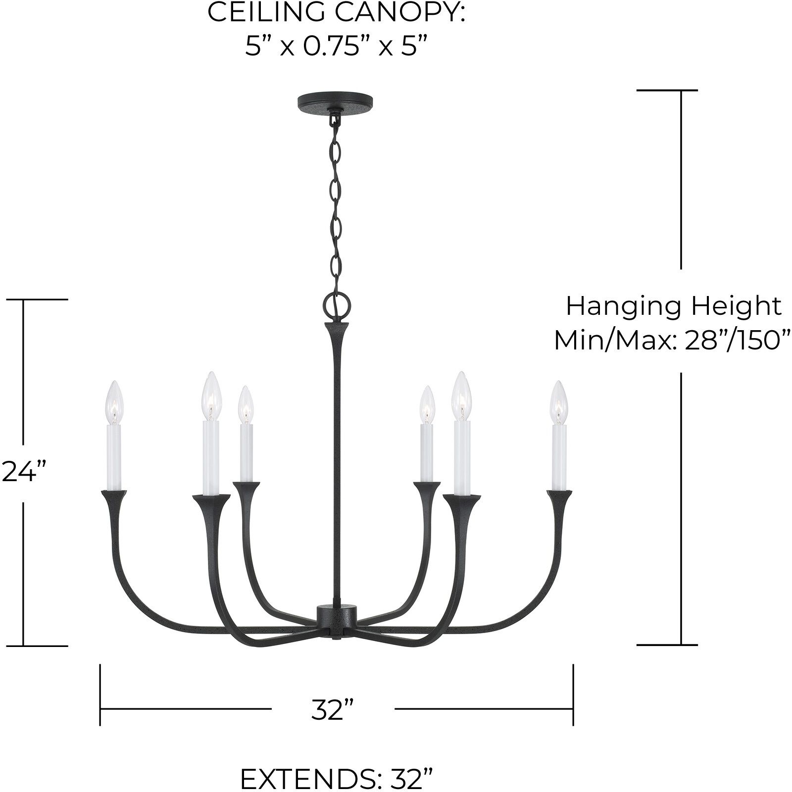 Decklan 6 Light 32 inch Black Iron Chandelier Ceiling Light