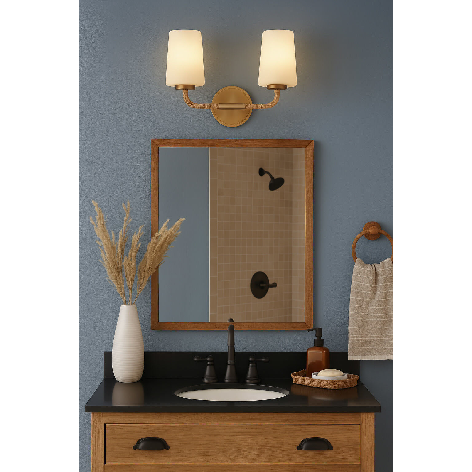 Kline 2 Light 14.25 inch Lacquered Brass with Natural Vanity Light Wall Light in Etched Opal, Small