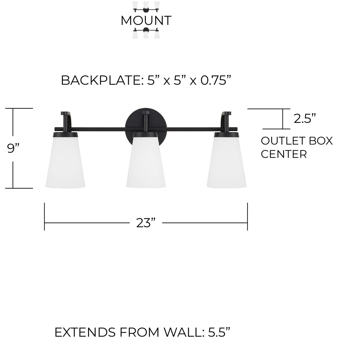Drake 3 Light 23 inch Matte Black Vanity Light Wall Light