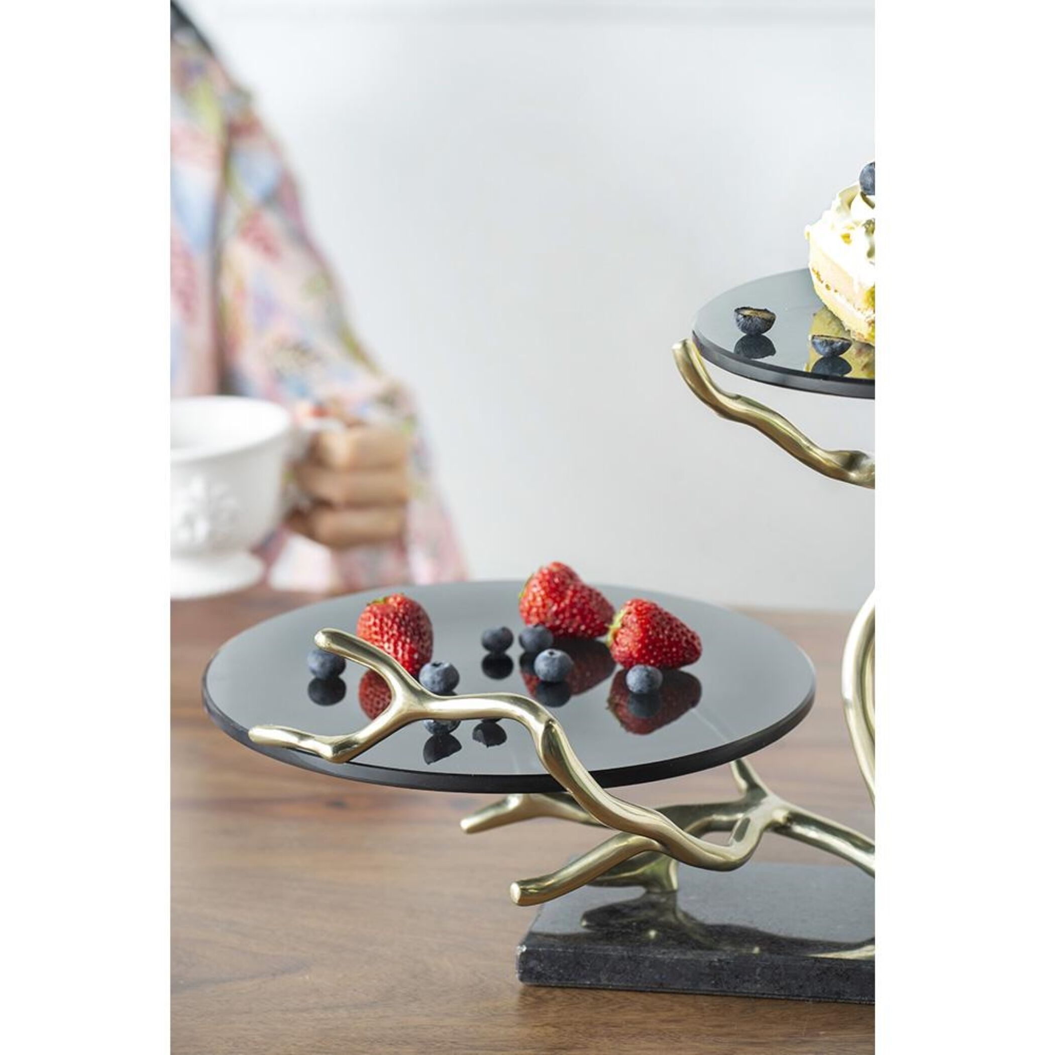Anita 16.9 X 12.4 inch Polished Gold Finished Aluminum with Black Float Glass/Black Granite Base Cake Stand