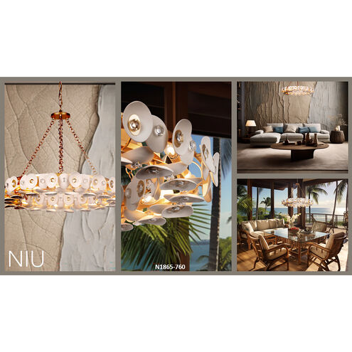 Niu 10 Light 34.5 inch Coconut Shell Gold / Coconut Shell White Pendant Ceiling Light
