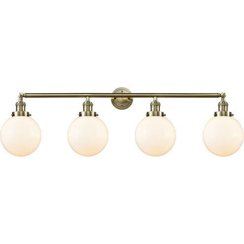 Franklin Restoration Large Beacon 4 Light 44 inch Antique Brass Bath Vanity Light Wall Light in Incandescent, Matte White Glass, Franklin Restoration