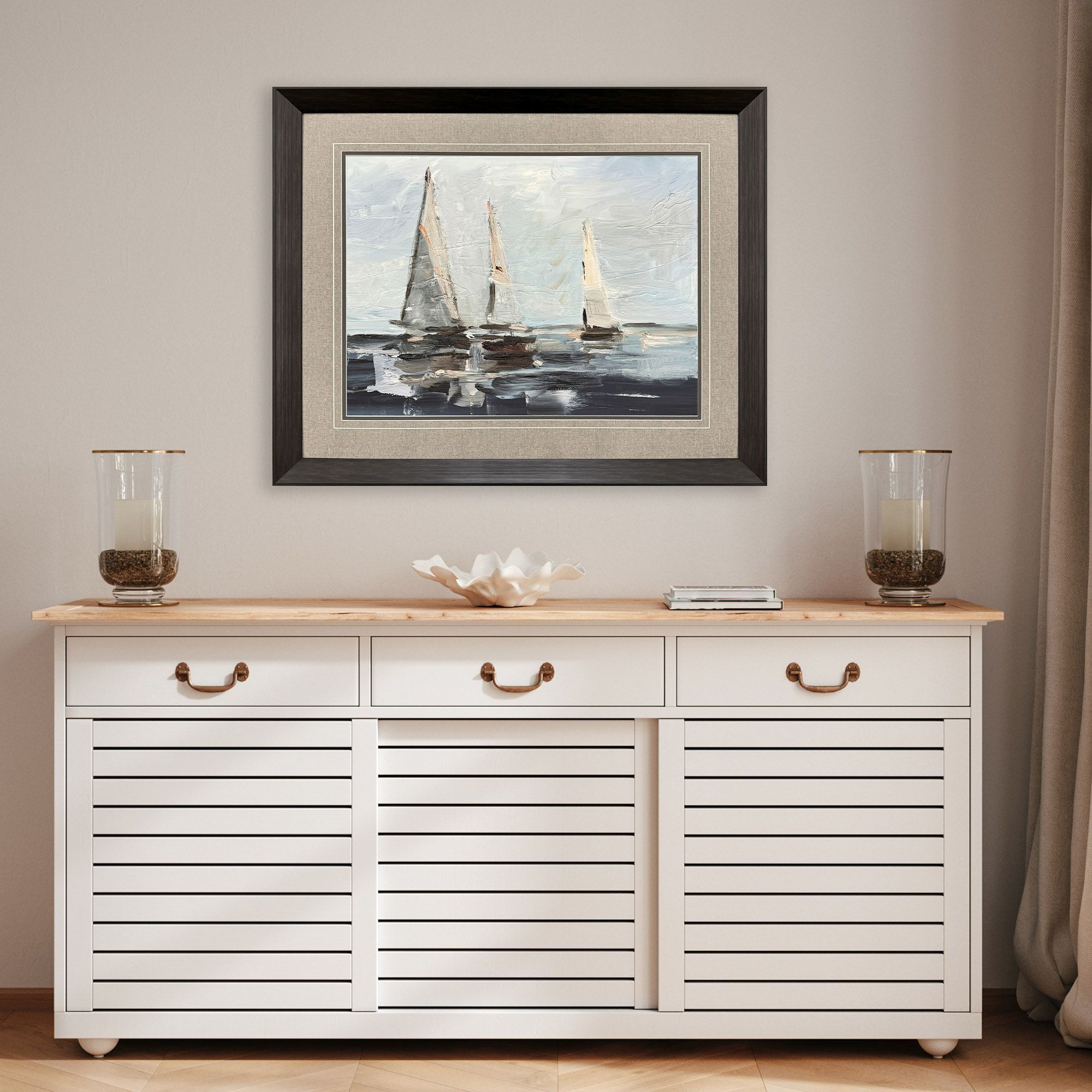 Sailing on the Bay Blue and Black and Brown and Multi Framed Art