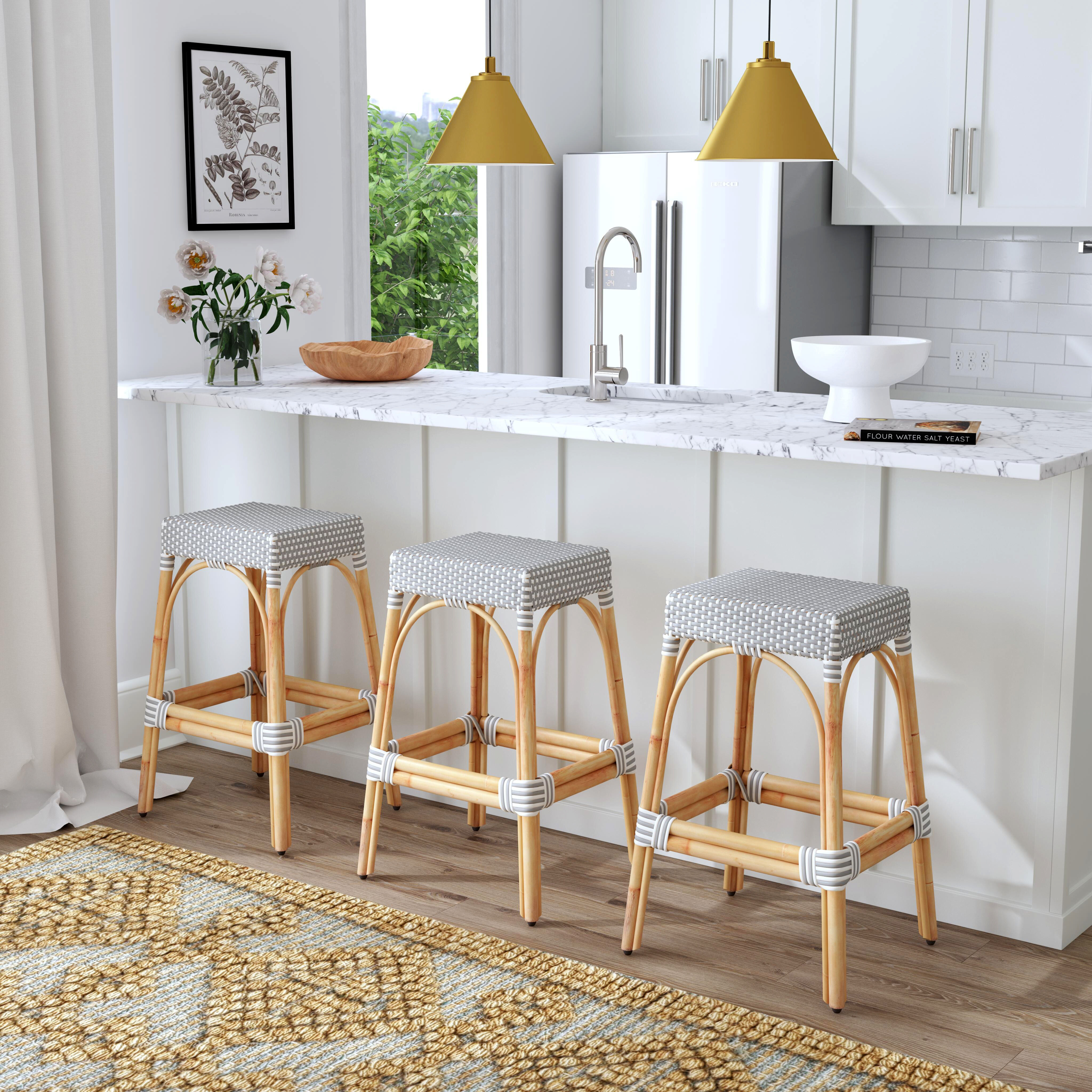 Robias Rectangular Rattan 30" Bar Stool in White and Gray Dot