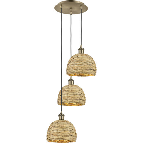 Woven Rattan 3 Light 18.5 inch Antique Brass Multi Pendant Ceiling Light