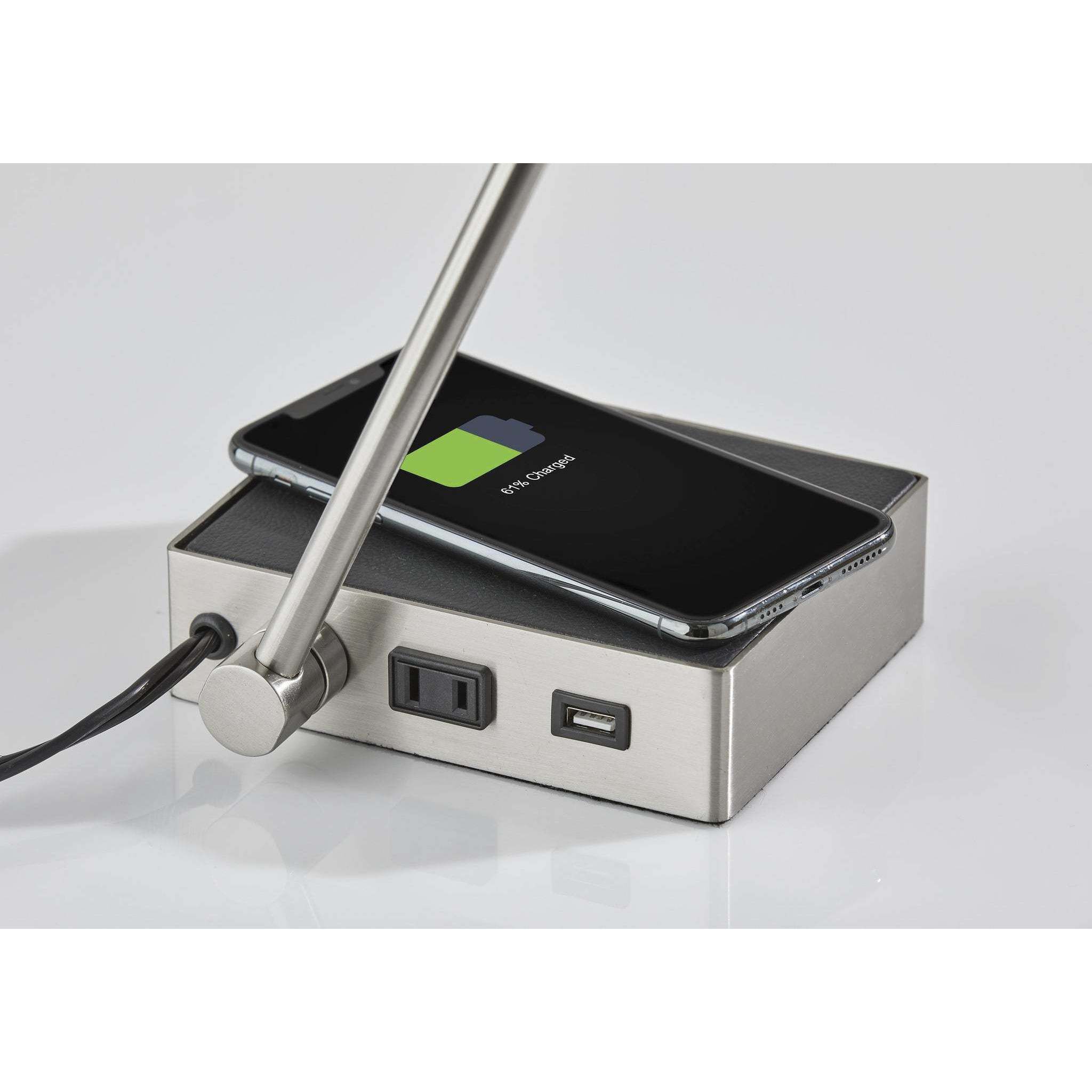 Sawyer 17 inch 7.00 watt Brushed steel with black leather Wireless Charging Desk Lamp Portable Light, with AdessoCharge