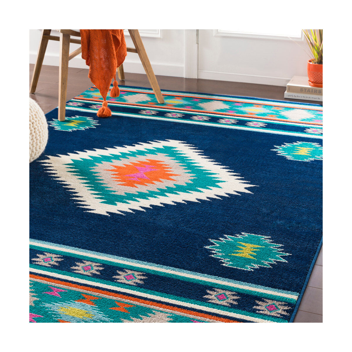 Paramount 93 X 63 inch Dark Blue/Teal/Bright Orange/Fuschia/Lime Rugs, Rectangle