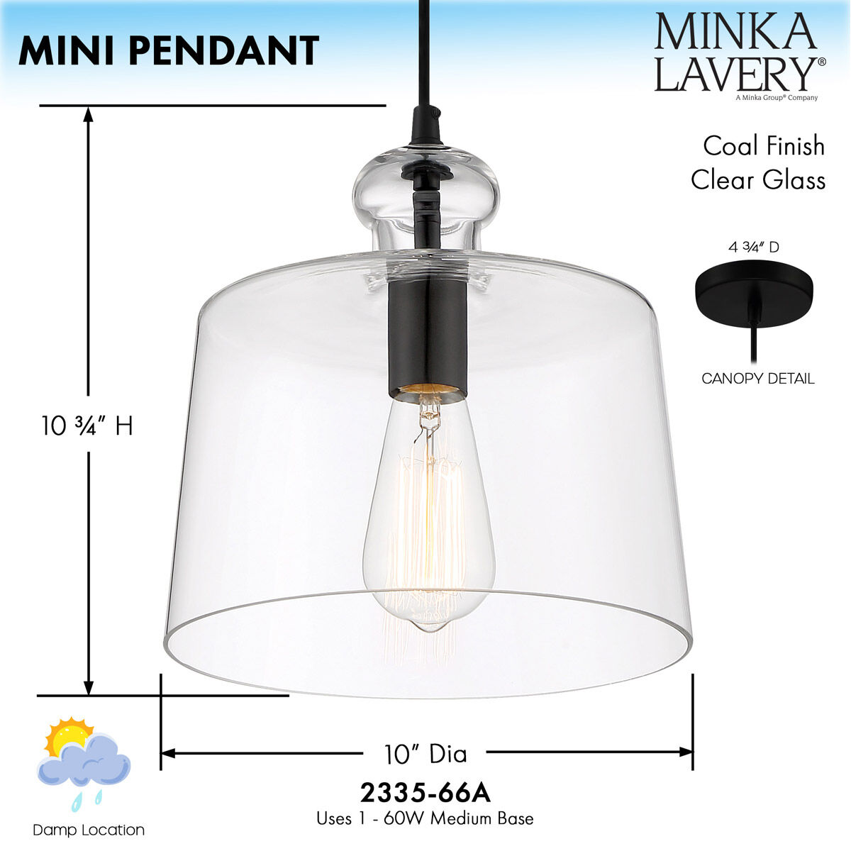 Minka Lavery Clarity 1 Light Pendant Coal 2335 66A