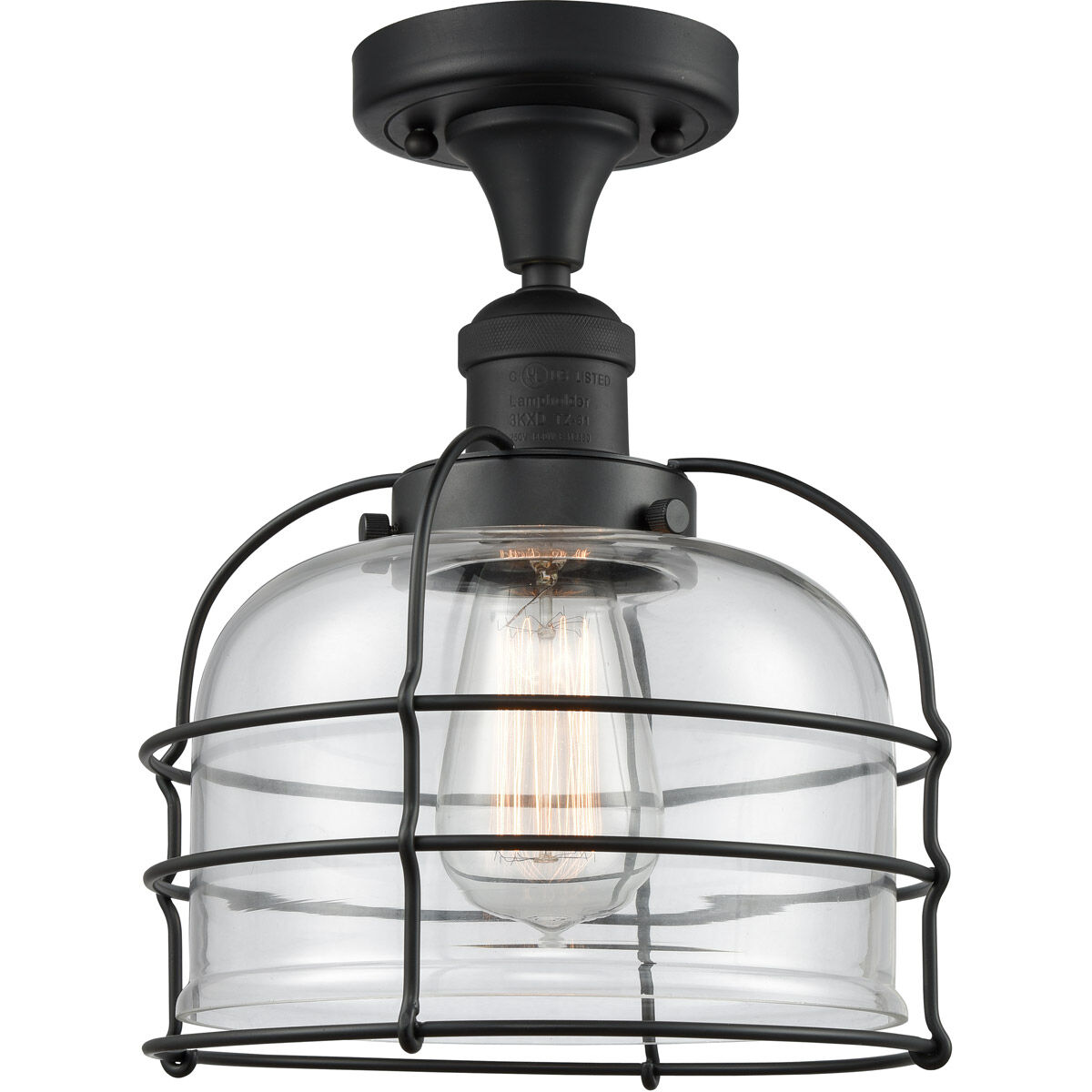 Franklin Restoration Large Bell Cage LED 8 inch Matte Black Semi-Flush Mount Ceiling Light in Clear with Cage, Franklin Restoration