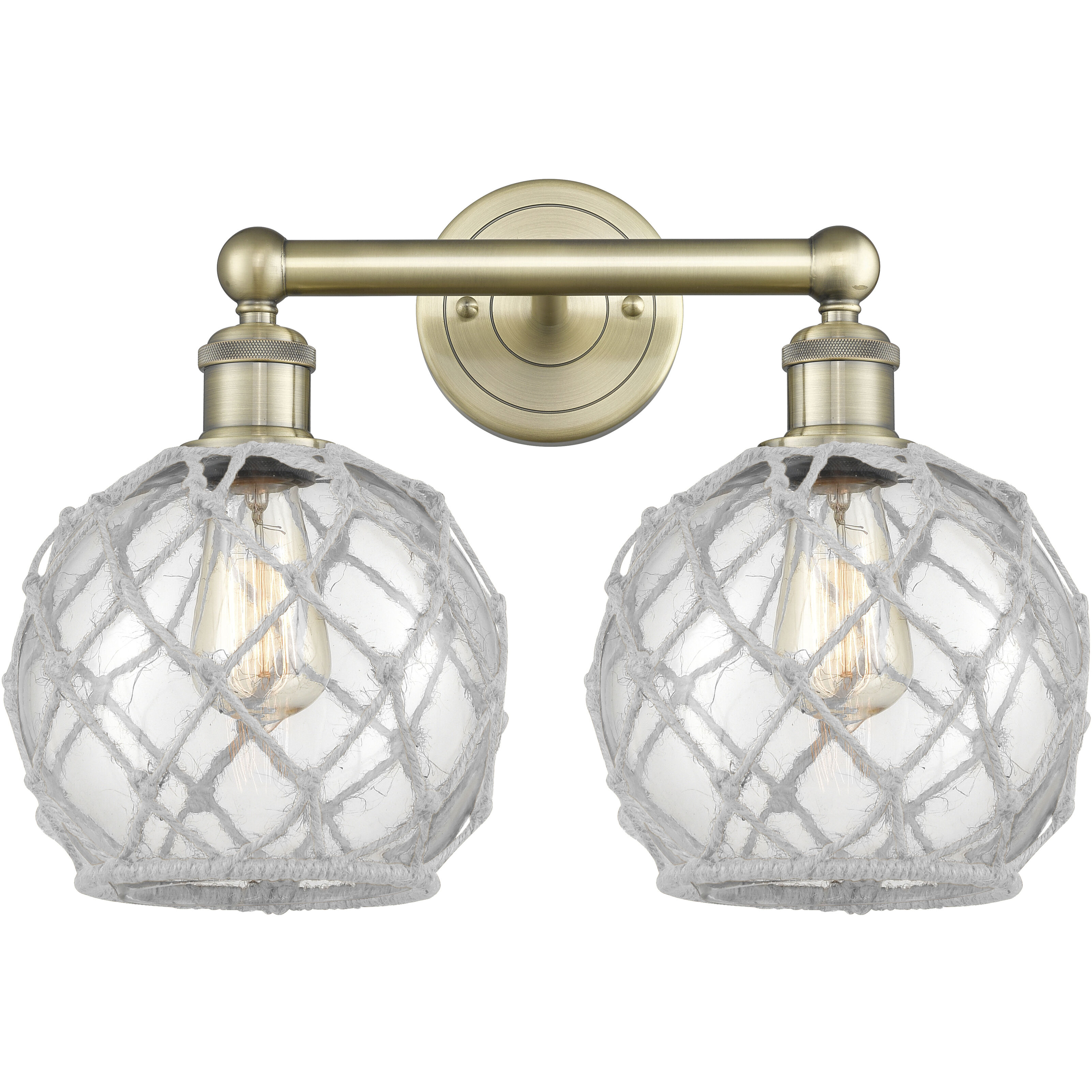 Edison Farmhouse Rope 2 Light 17 inch Antique Brass Bath Vanity Light Wall Light in Clear Glass with White Rope