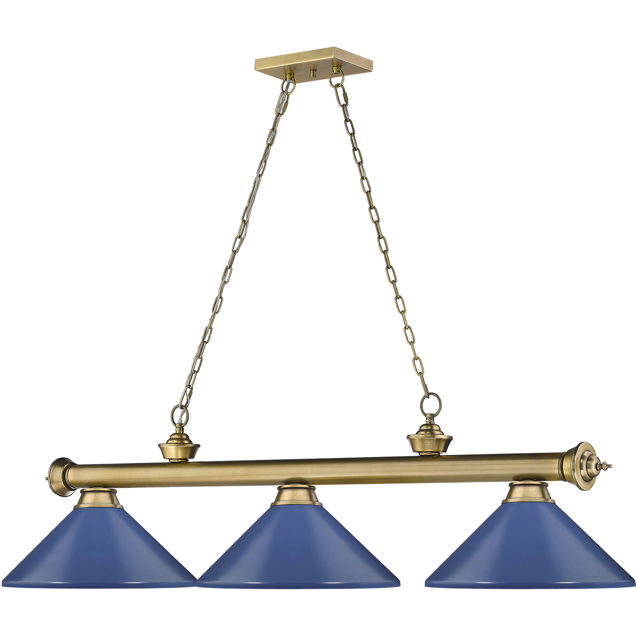 Cordon 3 Light 58 inch Rubbed Brass Billiard Ceiling Light in Navy Blue Steel