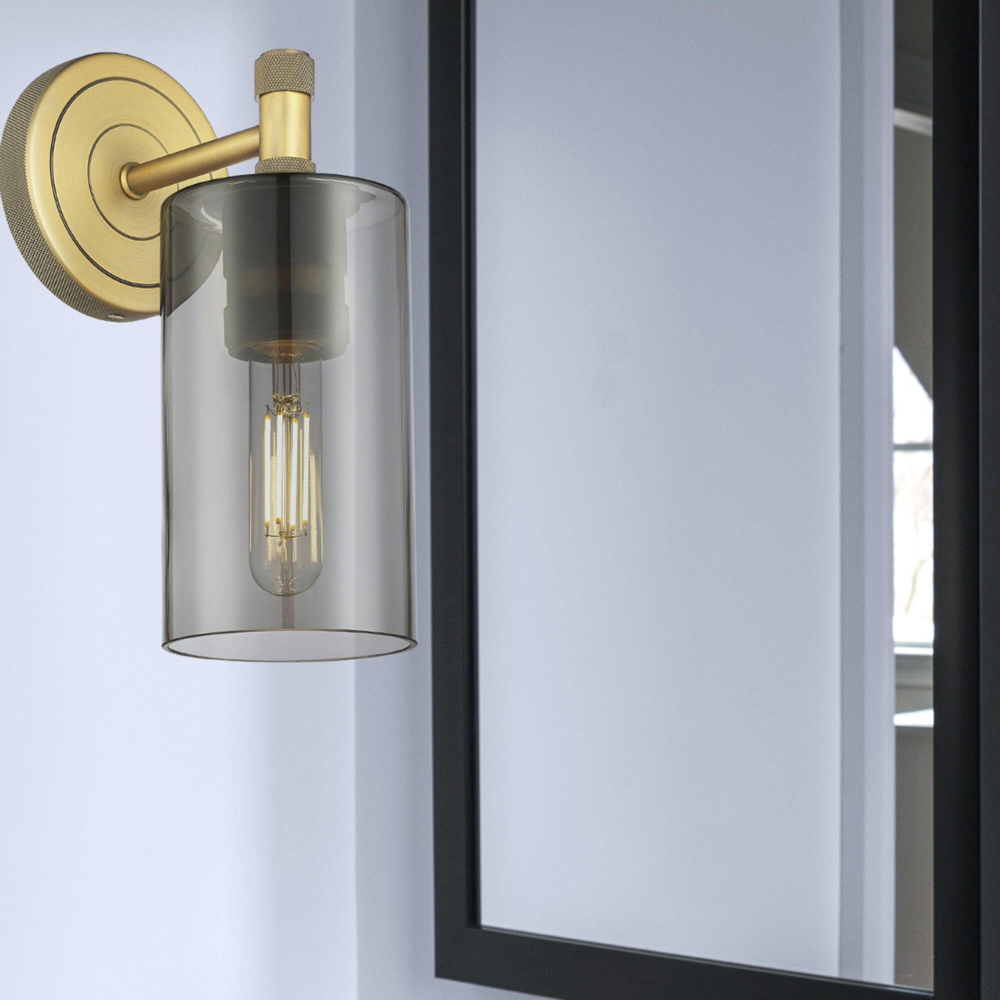 Crown Point Sconce Wall Light in Brushed Brass, Light Smoke Glass
