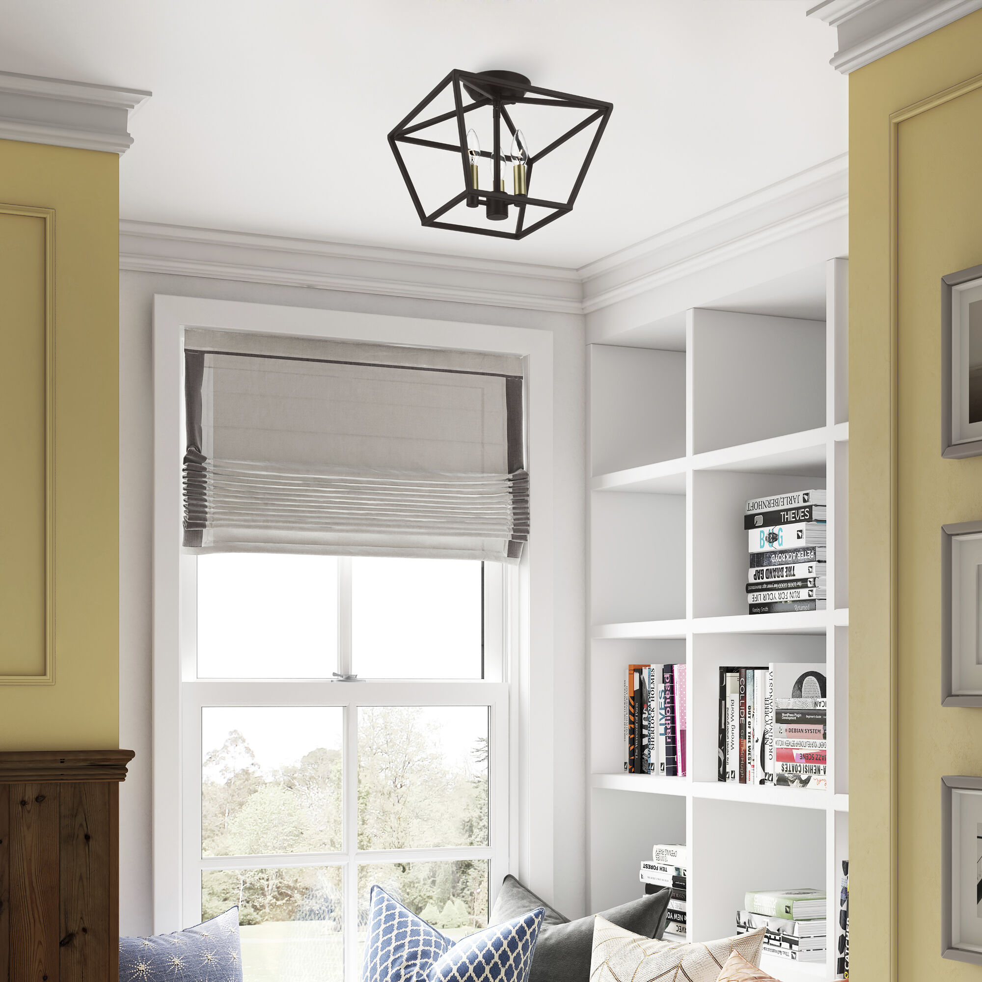 Devone 3 Light 13 inch Bronze with Antique Brass Accents Semi-Flush Ceiling Light, Square