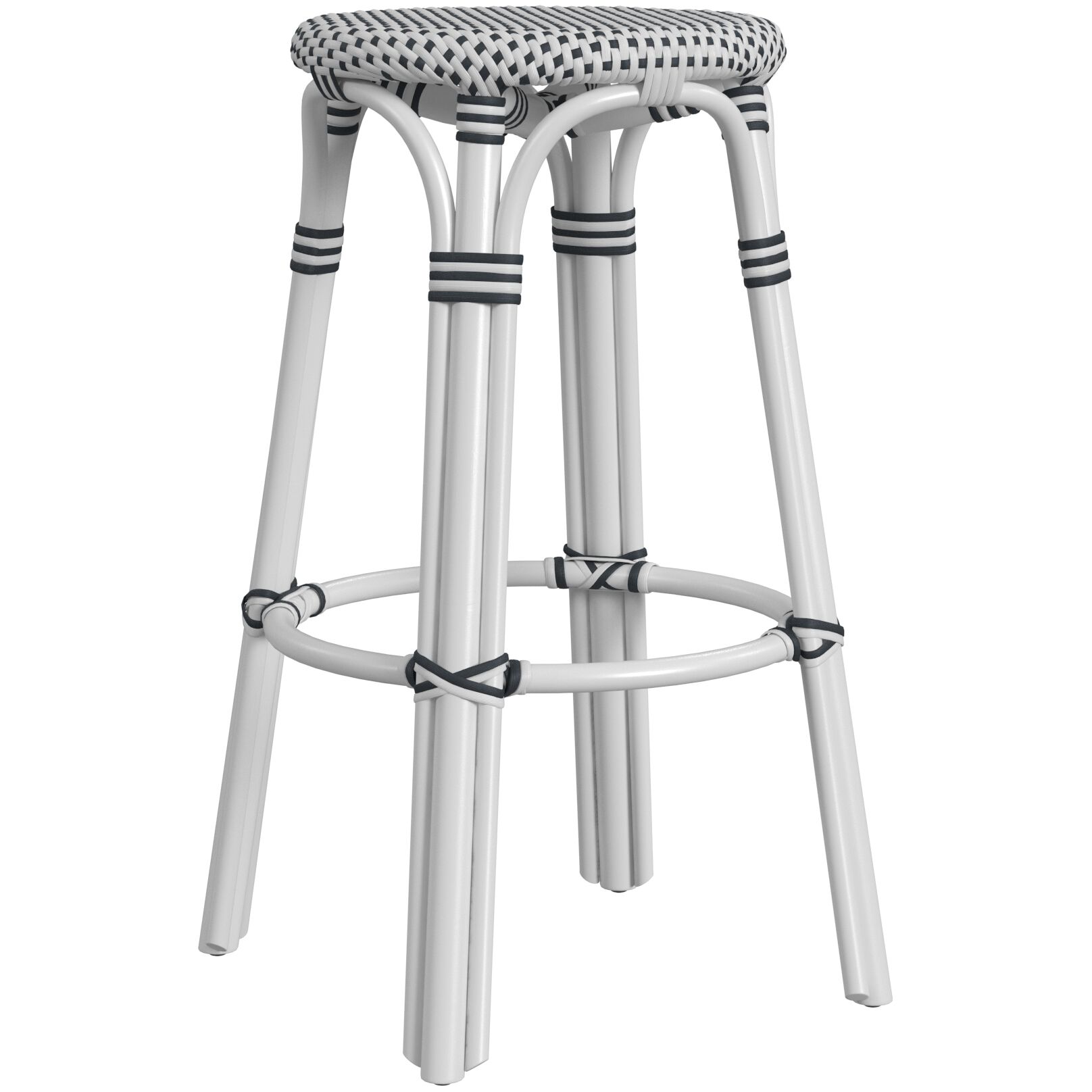Tobias Round Rattan 30" Bar Stool in White and Black Dot