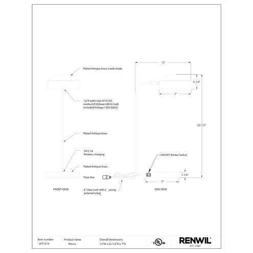 Riesco 22.5 inch 100 watt Antique Brass Desk Lamp Portable Light