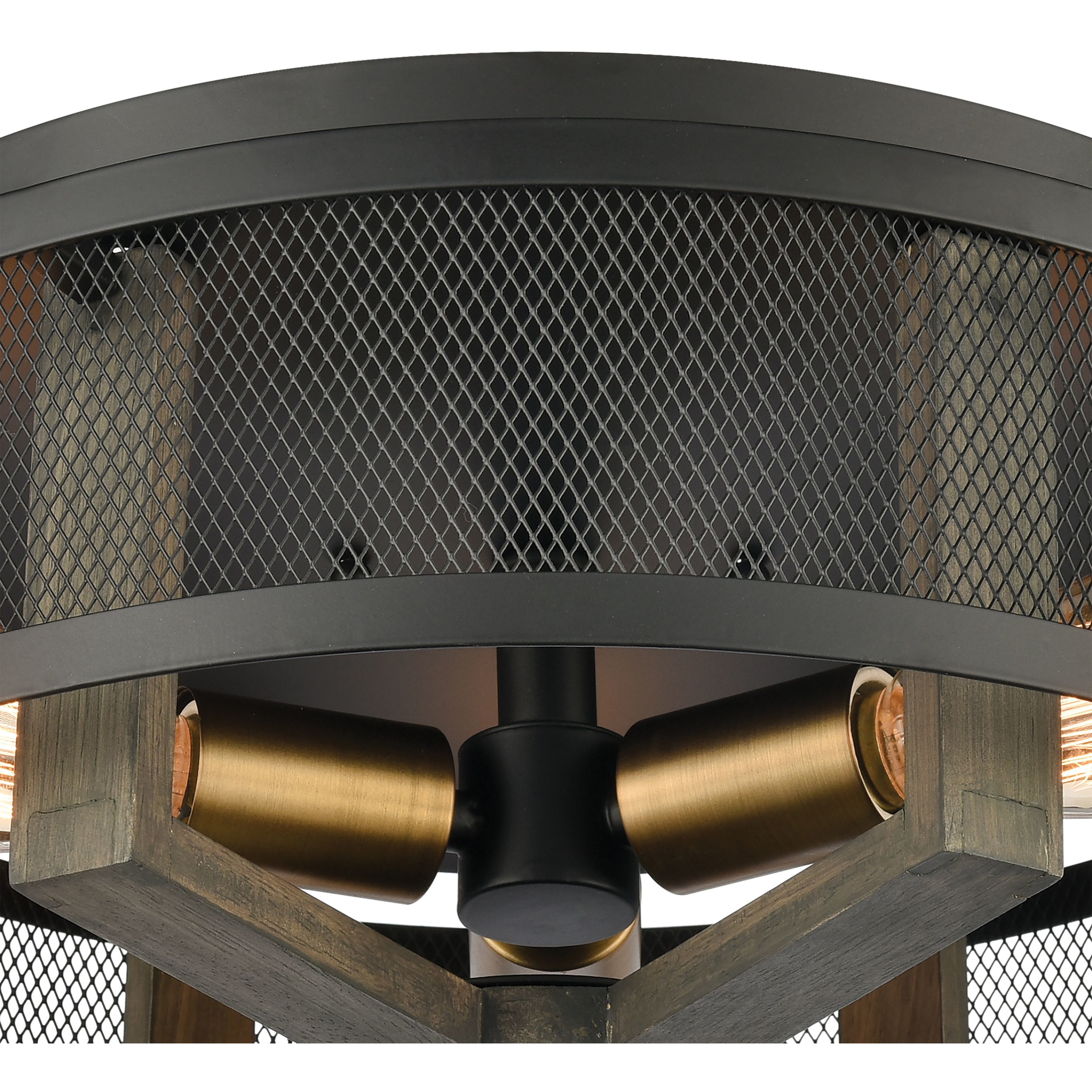 Woodbridge 3 Light 17 inch Matte Black with Weathered Oak and Brass Flush Mount Ceiling Light