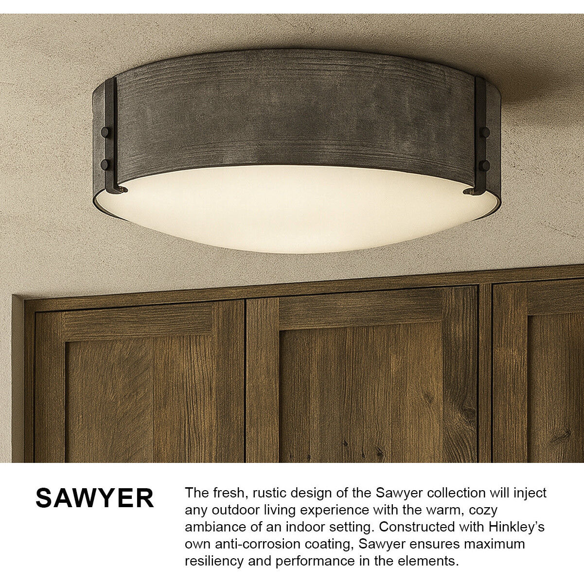 Open Air Sawyer LED 15 inch Aged Zinc with Distressed Black Outdoor Flush Mount