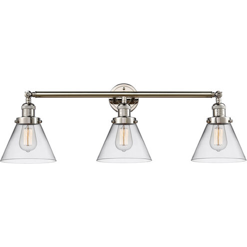 Franklin Restoration Large Cone 3 Light 32 inch Polished Nickel Bath Vanity Light Wall Light in Clear Glass, Franklin Restoration
