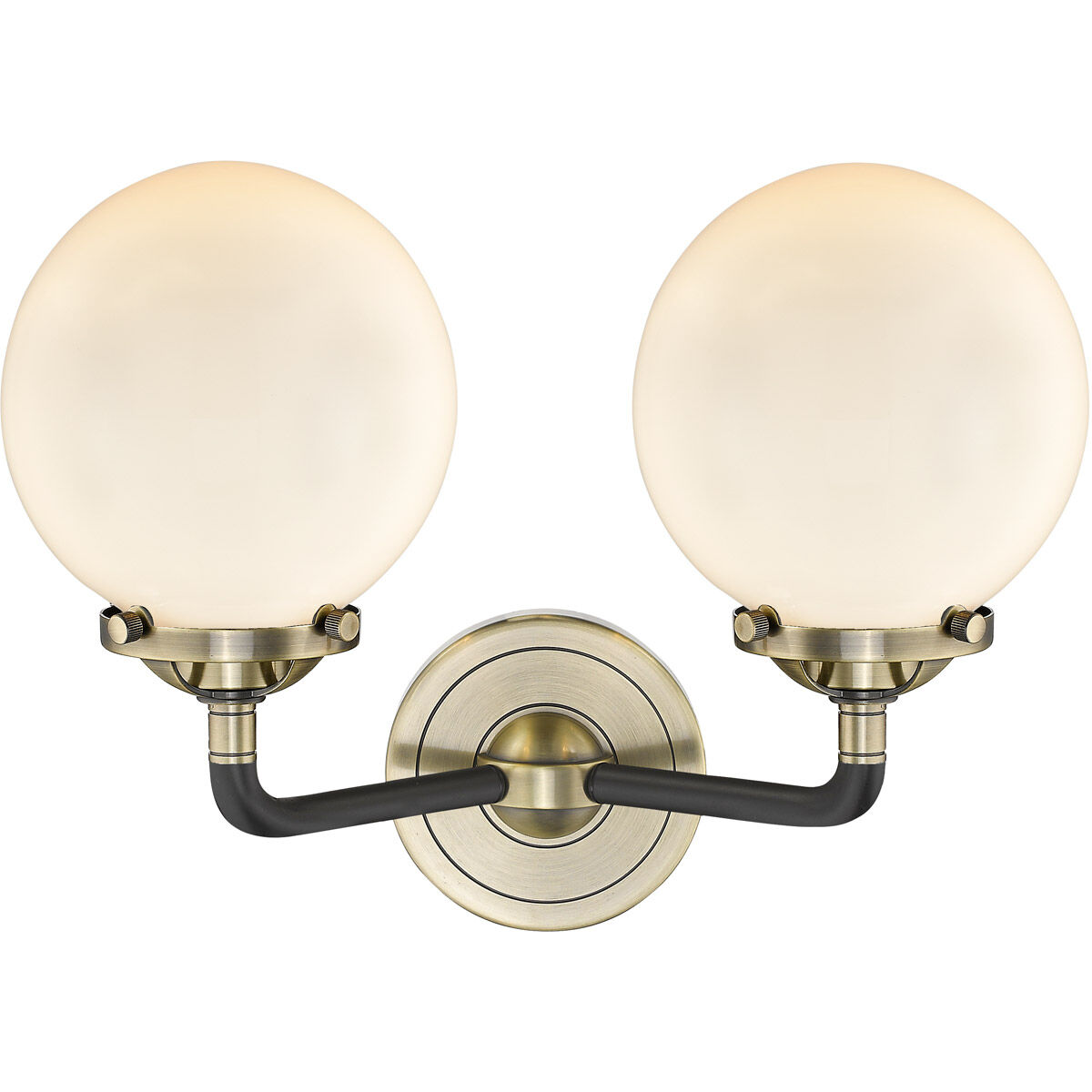 Nouveau Beacon 2 Light 14 inch Black Antique Brass Bath Vanity Light Wall Light in Matte White Glass, Nouveau