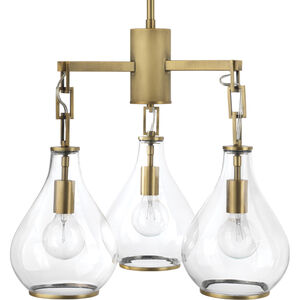 Tear Drop 3 Light 22 inch Clear Glass and Soft Antique Brass Chandelier Ceiling Light