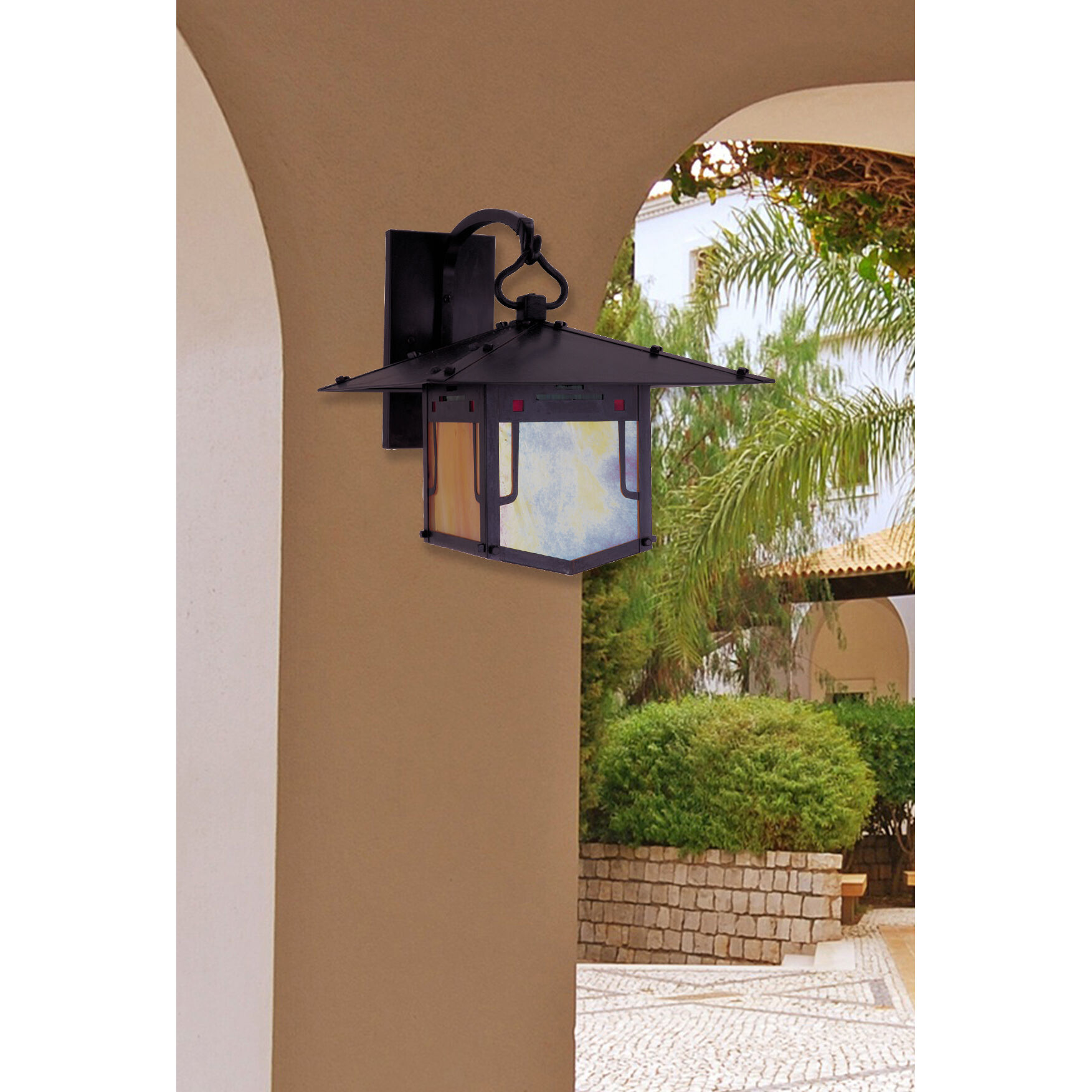 Pagoda 1 Light 12 inch Antique Brass Wall Mount Wall Light in Green-Red-Gold White Iridescent