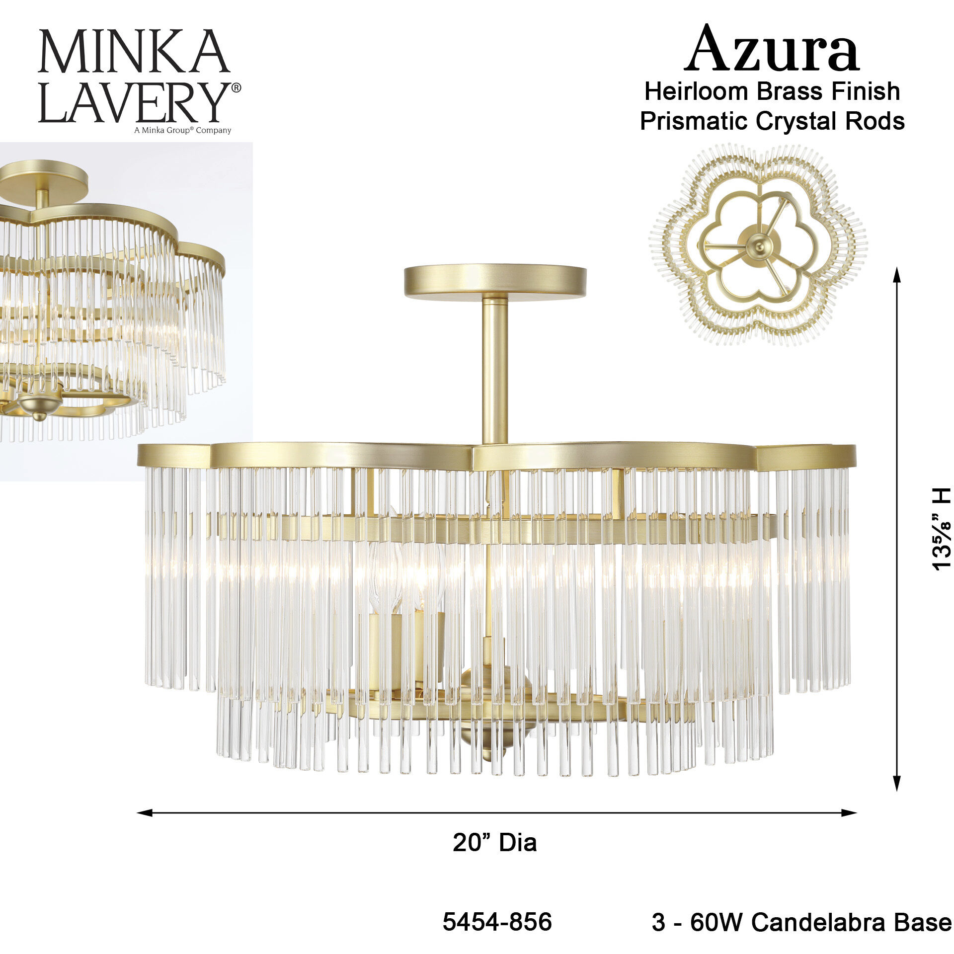 Azura 3 Light 20 inch Heirloom Brass Semi-Flush Ceiling Light
