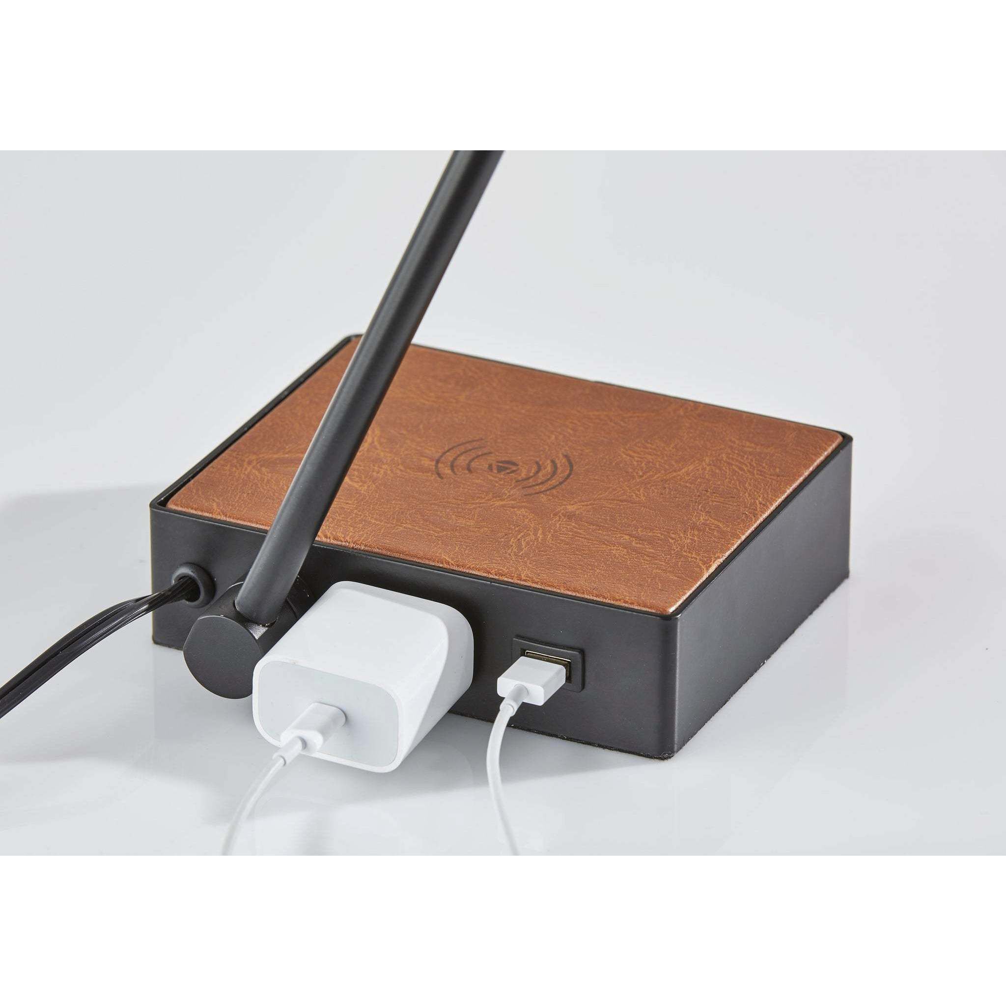 Sawyer 17 inch 7.00 watt Black with Camel Brown Leather Wireless Charging Desk Lamp Portable Light, with AdessoCharge