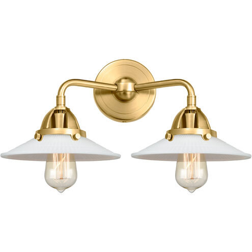 Nouveau 2 Halophane 2 Light 17 inch Satin Gold Bath Vanity Light Wall Light in Matte White Halophane Glass