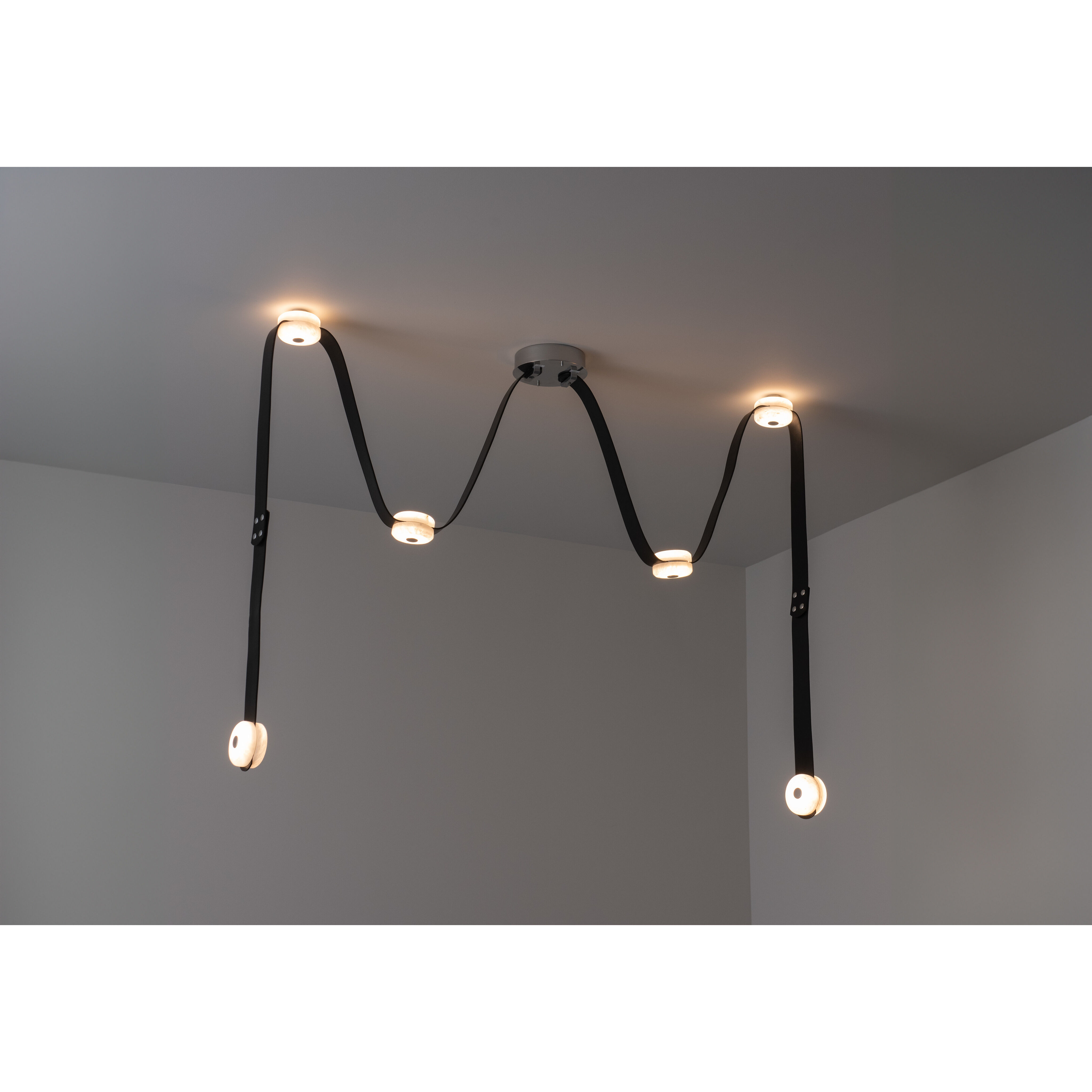 Art & Alchemy SNAPS LED 58 inch White Pendant Ceiling Light in Chestnut Leather with Alabaster, Medium