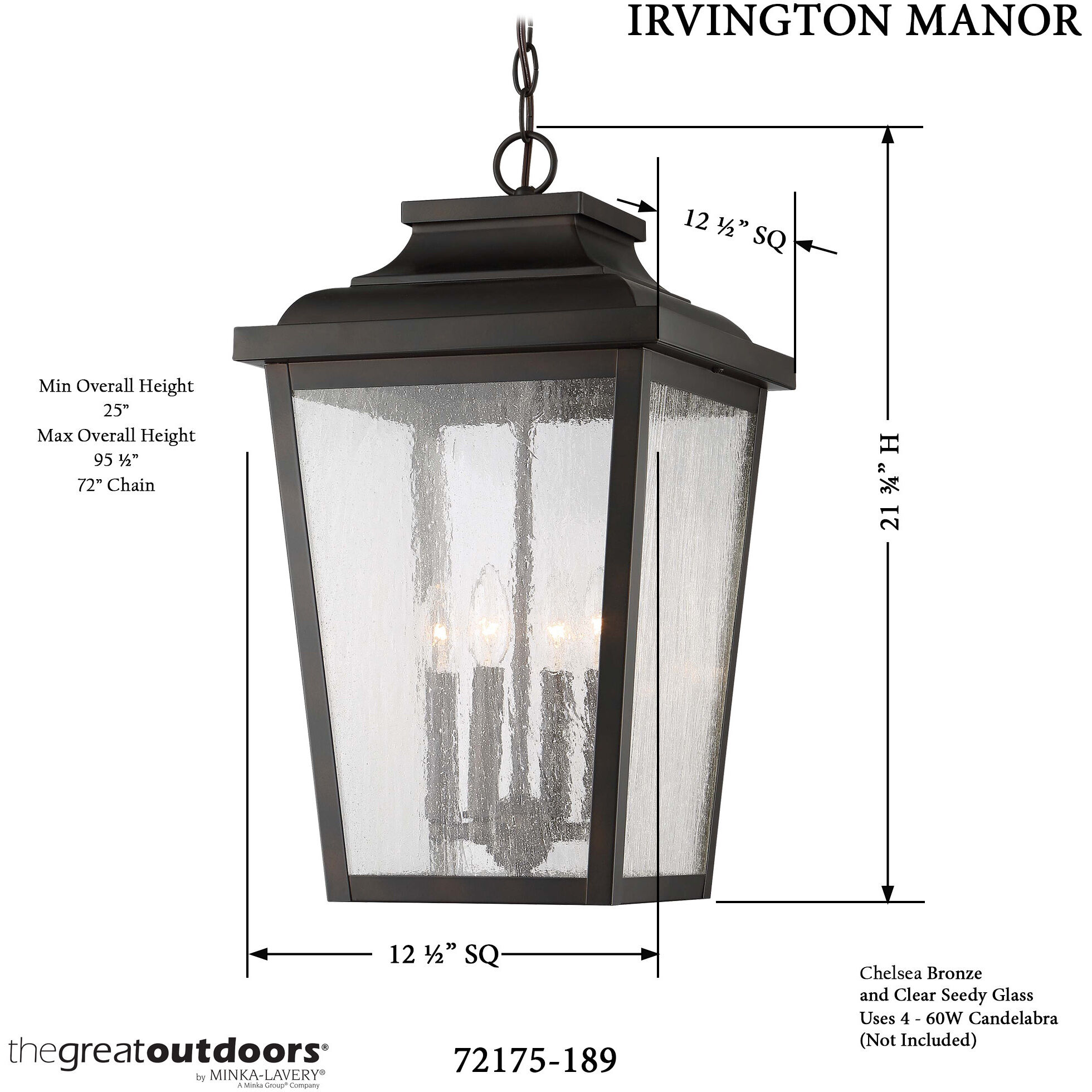 Irvington Manor 4 Light 12.5 inch Chelesa Bronze Outdoor Chain Hung Lantern in Incandescent, Clear Seeded Glass, The Great Outdoors