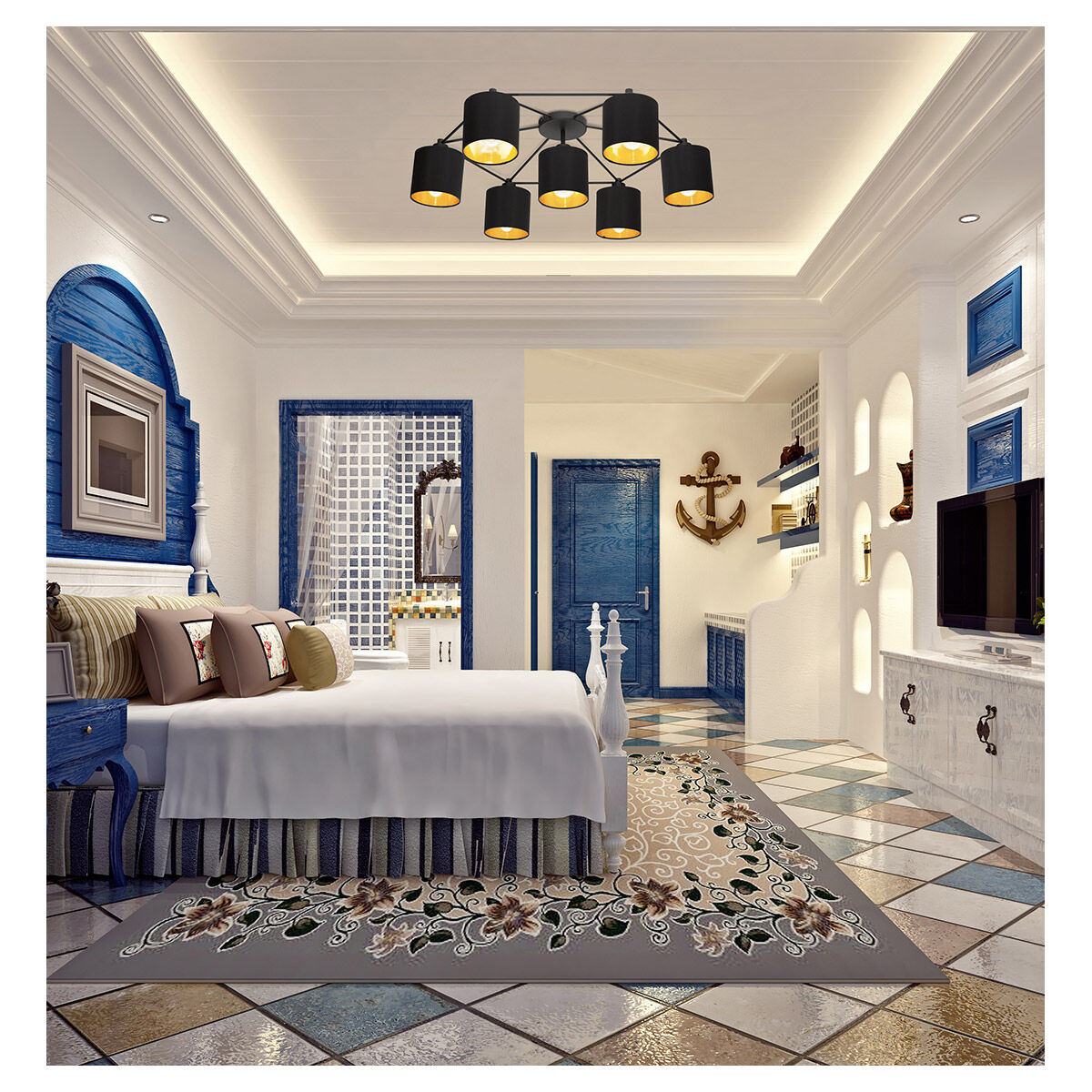 Staiti 7 Light 33.07 inch Black Semi Flush Mount Ceiling Light