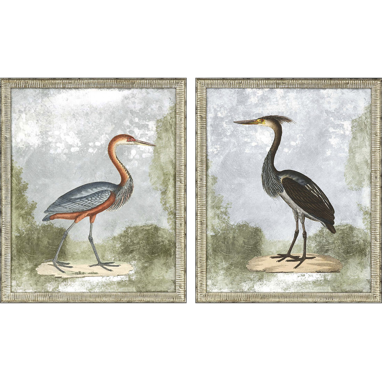 Cranes Blue and Green and Rust and Black Framed Art