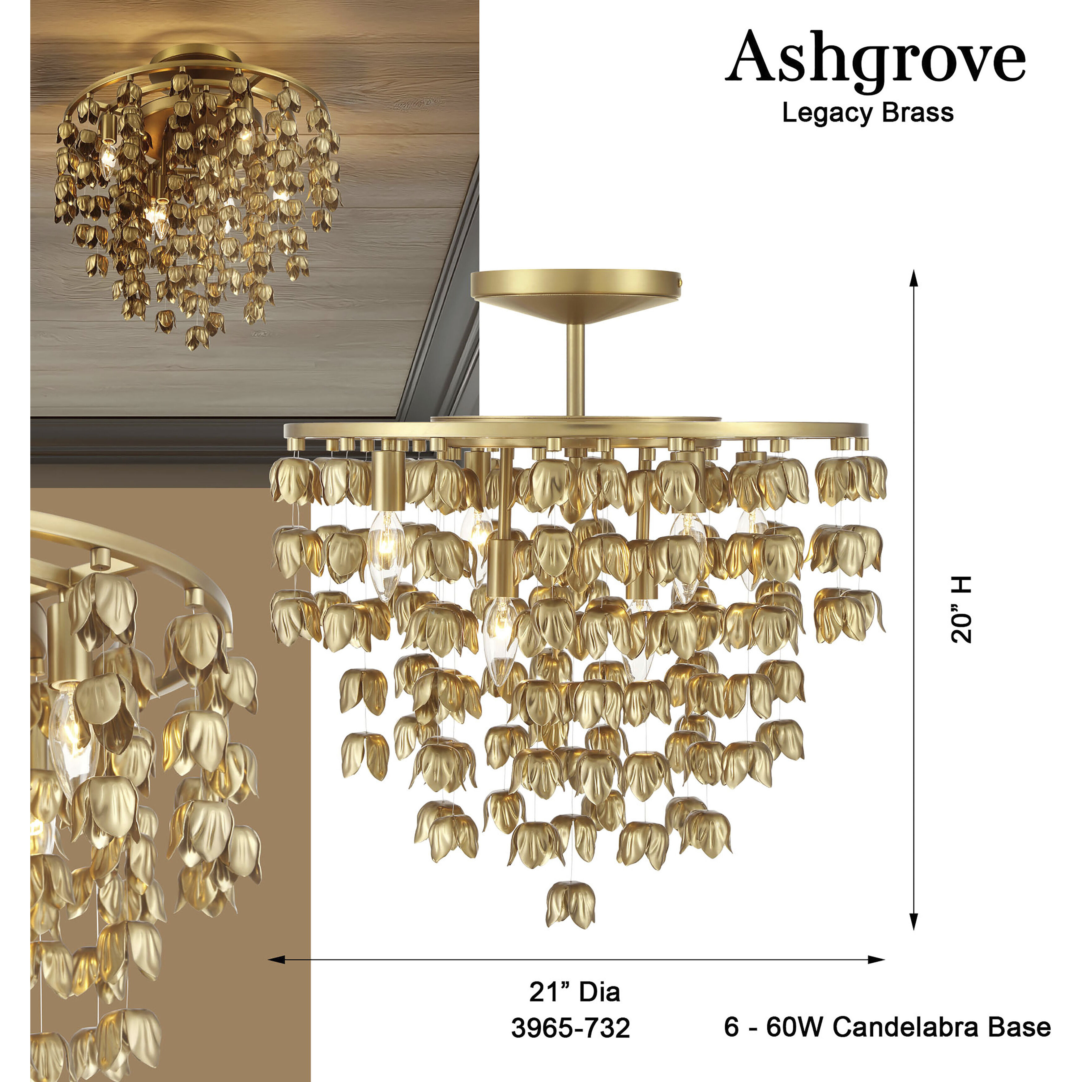Ashgrove 6 Light 21 inch Legacy Brass Semi Flush Ceiling Light