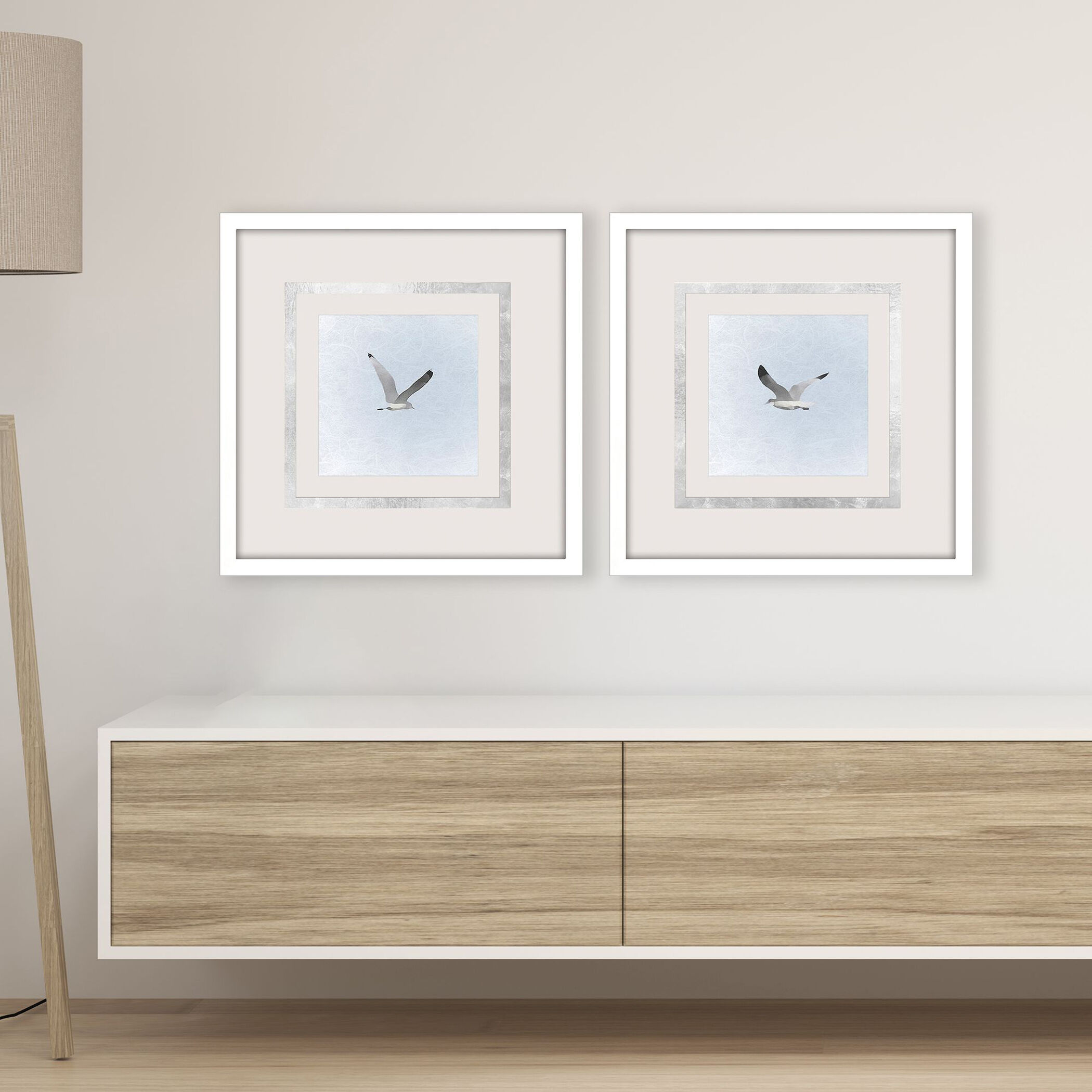 Modern Flight Blue and Gray and Metallic and White Framed Art