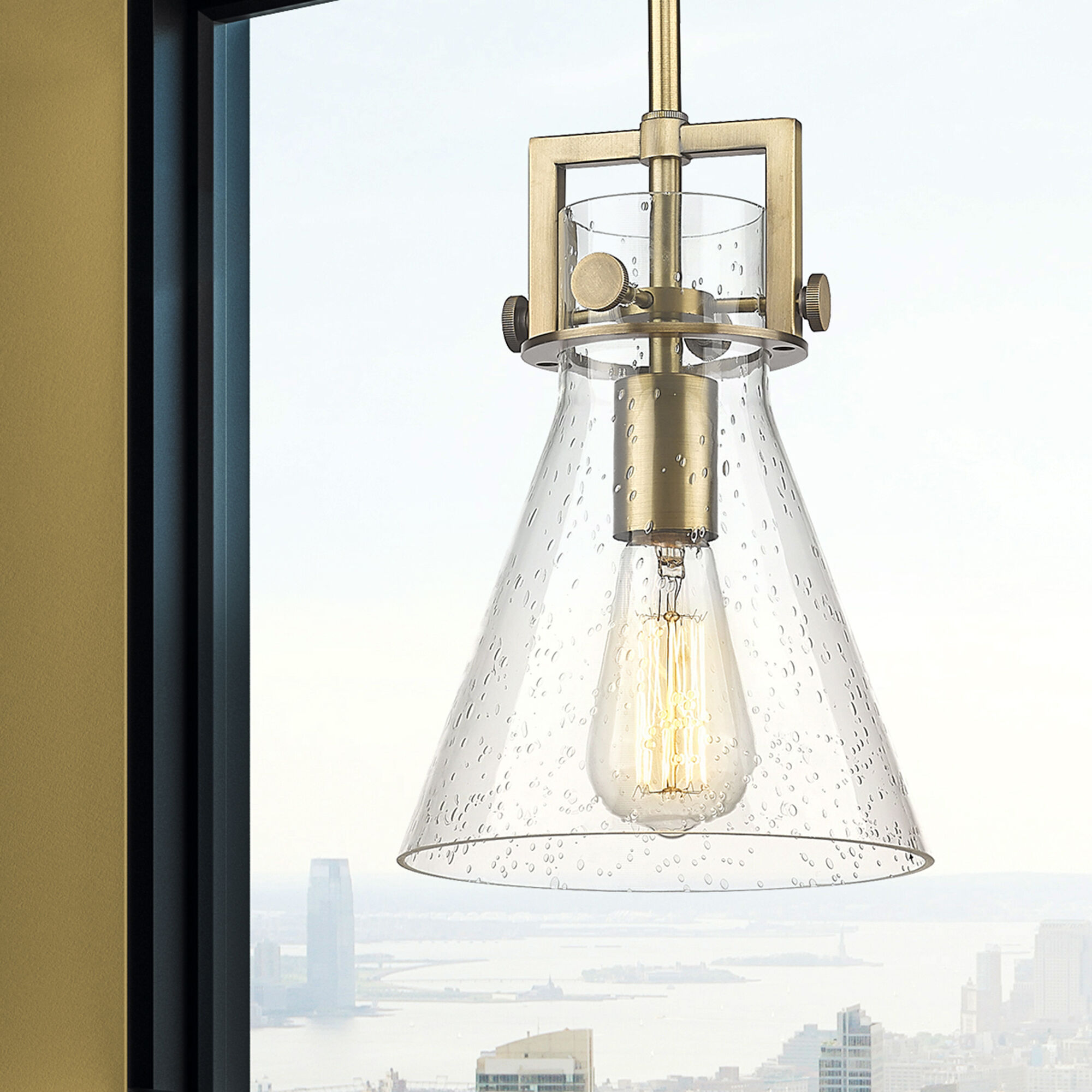 Newton Cone 1 Light 8 inch Brushed Brass Mini Pendant Ceiling Light in Seedy Glass