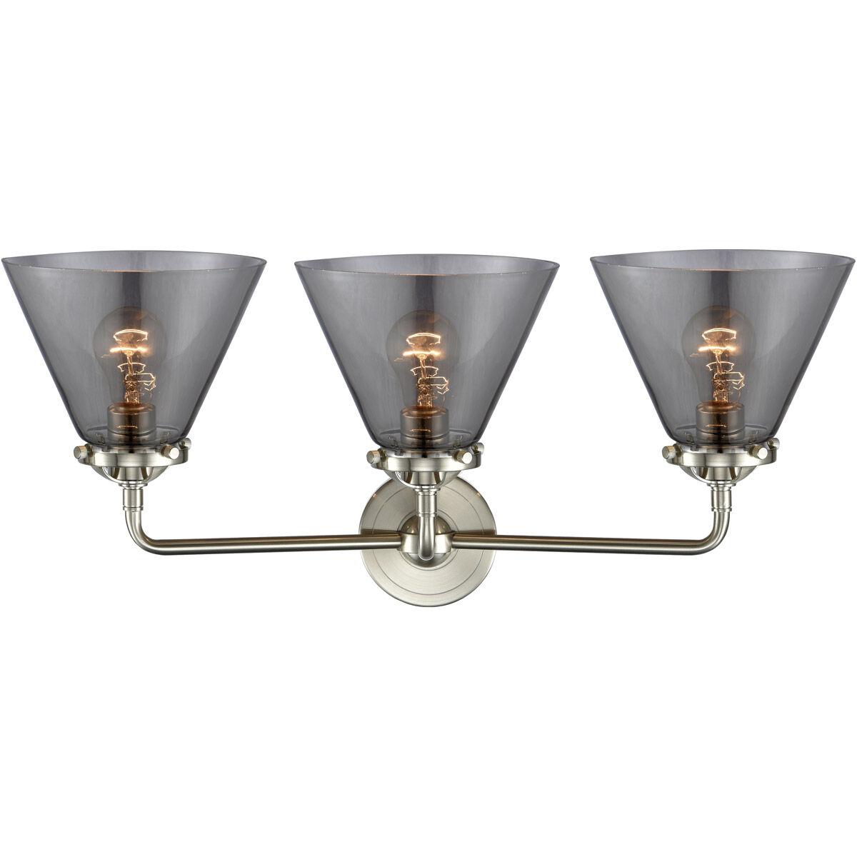 Nouveau Large Cone 3 Light 26 inch Brushed Satin Nickel Bath Vanity Light Wall Light in Plated Smoke Glass, Nouveau