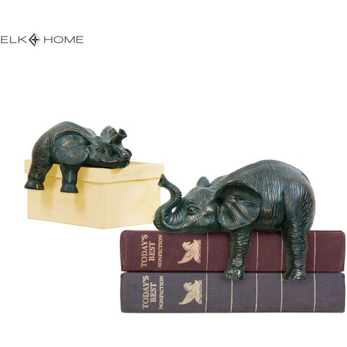 Sprawling Elephants 6.75 X 2.75 inch Aged Bronze with Green Bookends