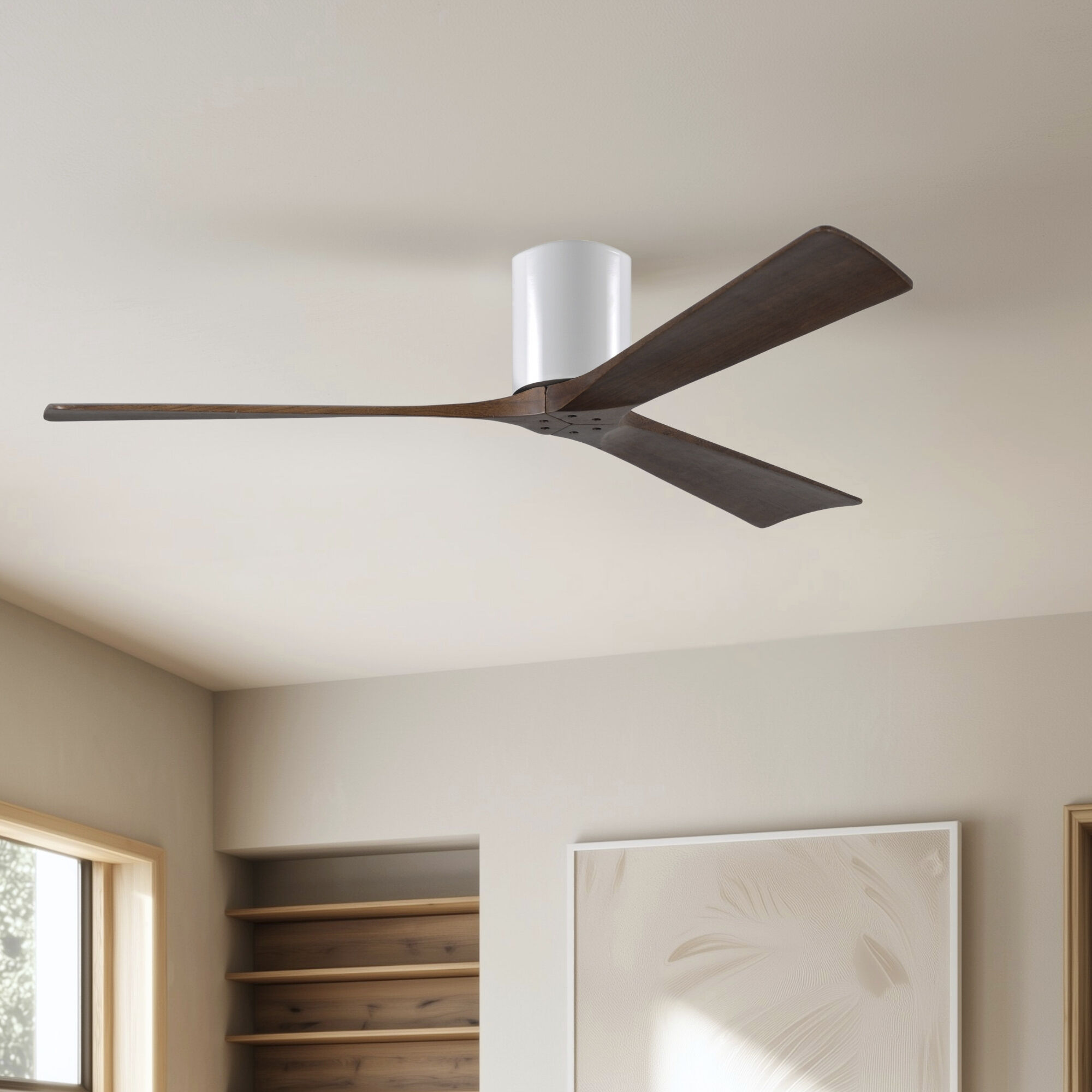 Atlas Irene-3H 60 inch Gloss White with Walnut Tone Blades Flush Mount Paddle Fan, Flush Mounted