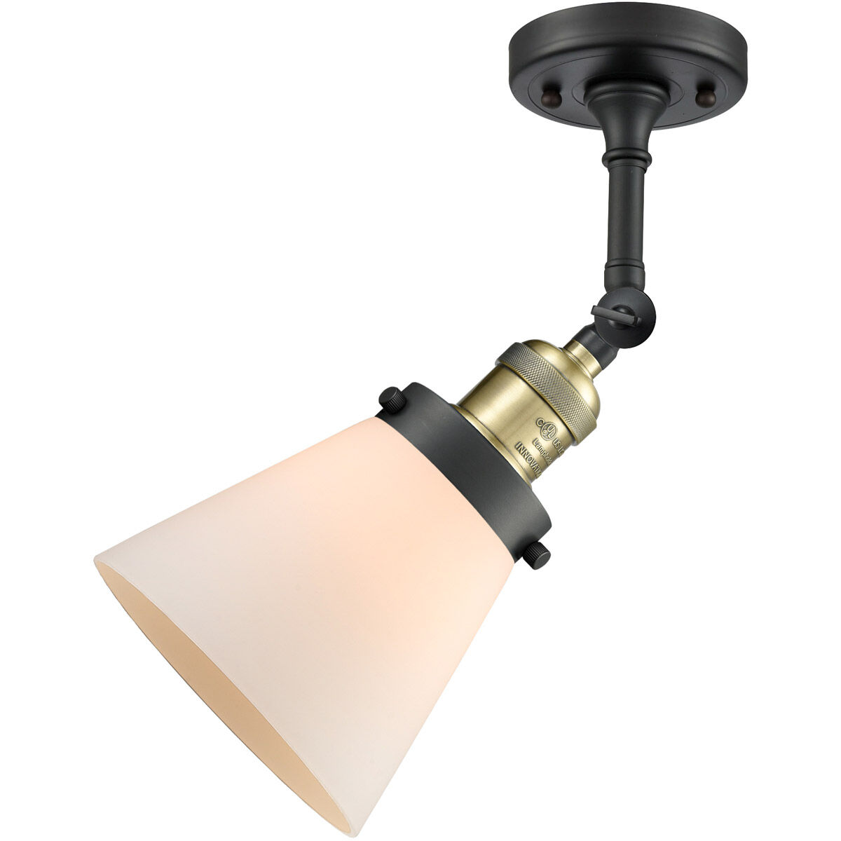 Franklin Restoration Small Cone LED 6 inch Black Antique Brass Semi-Flush Mount Ceiling Light in Matte White Glass, Franklin Restoration
