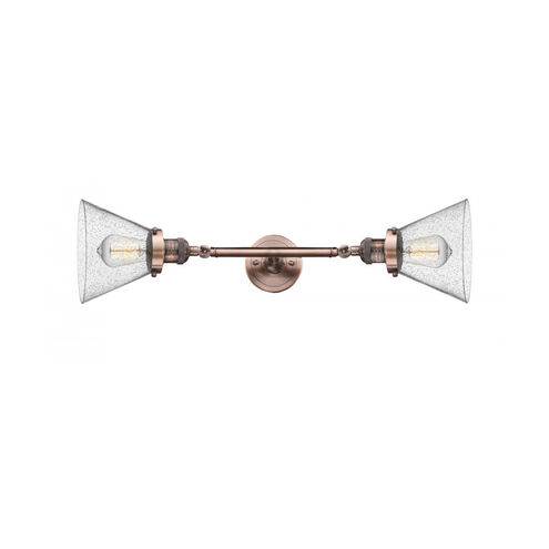 Franklin Restoration Large Cone 2 Light 8 inch Antique Copper Bath Vanity Light Wall Light in Seedy Glass, Franklin Restoration
