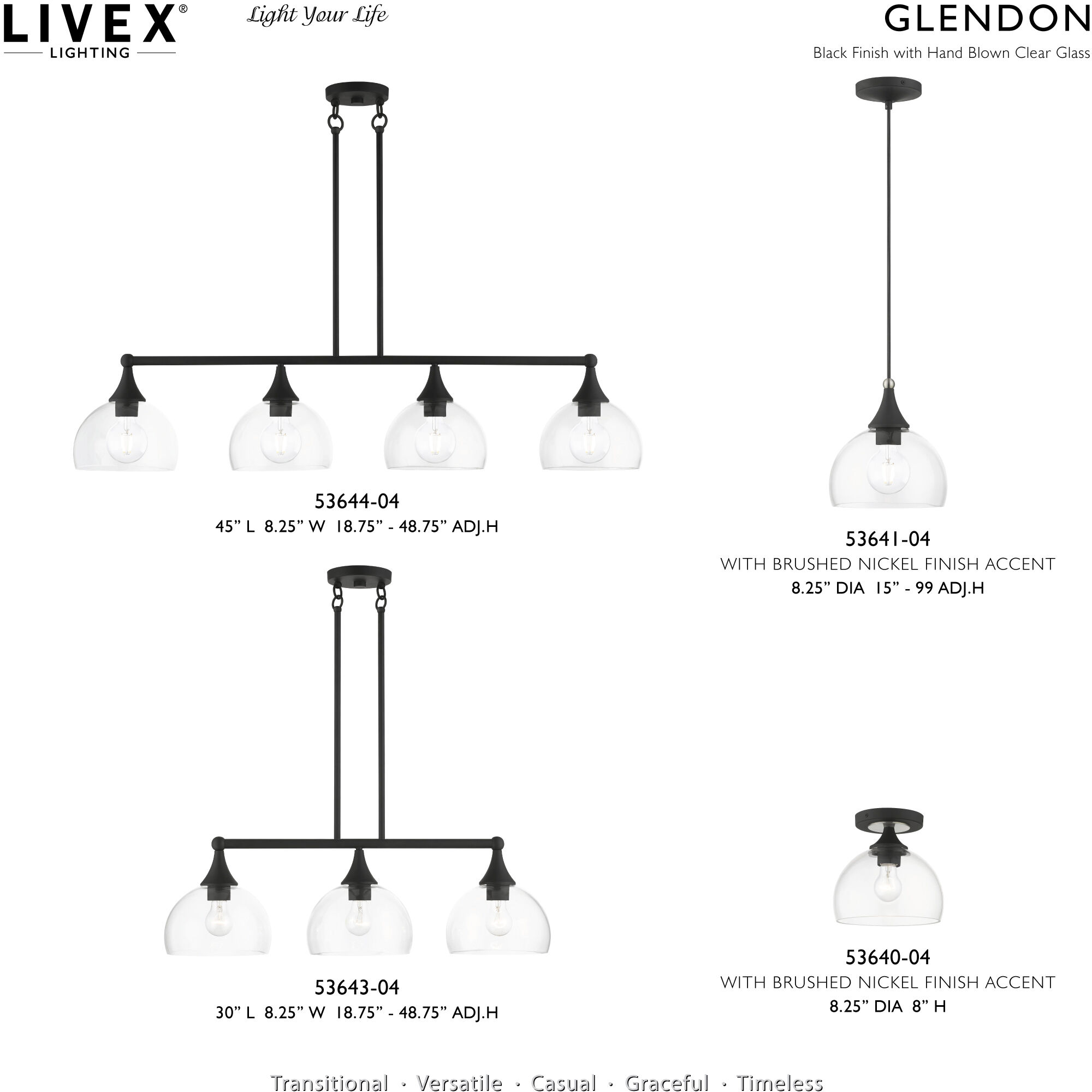 Glendon 1 Light 8.25 inch Black with Brushed Nickel Accents Glass Pendant Ceiling Light