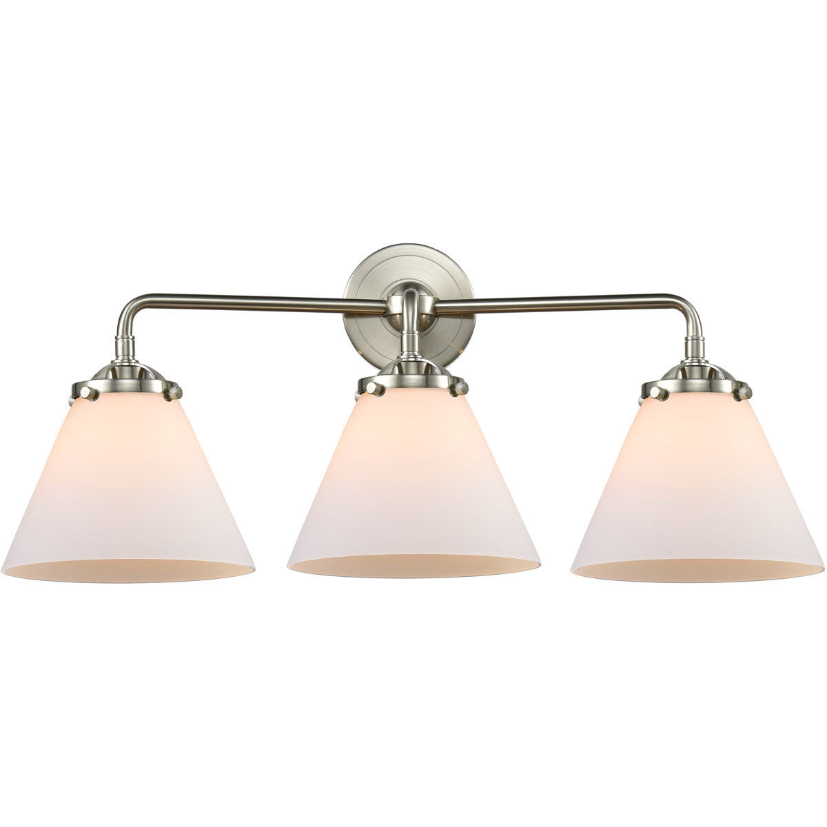 Nouveau Large Cone 3 Light 26 inch Brushed Satin Nickel Bath Vanity Light Wall Light in Matte White Glass, Nouveau