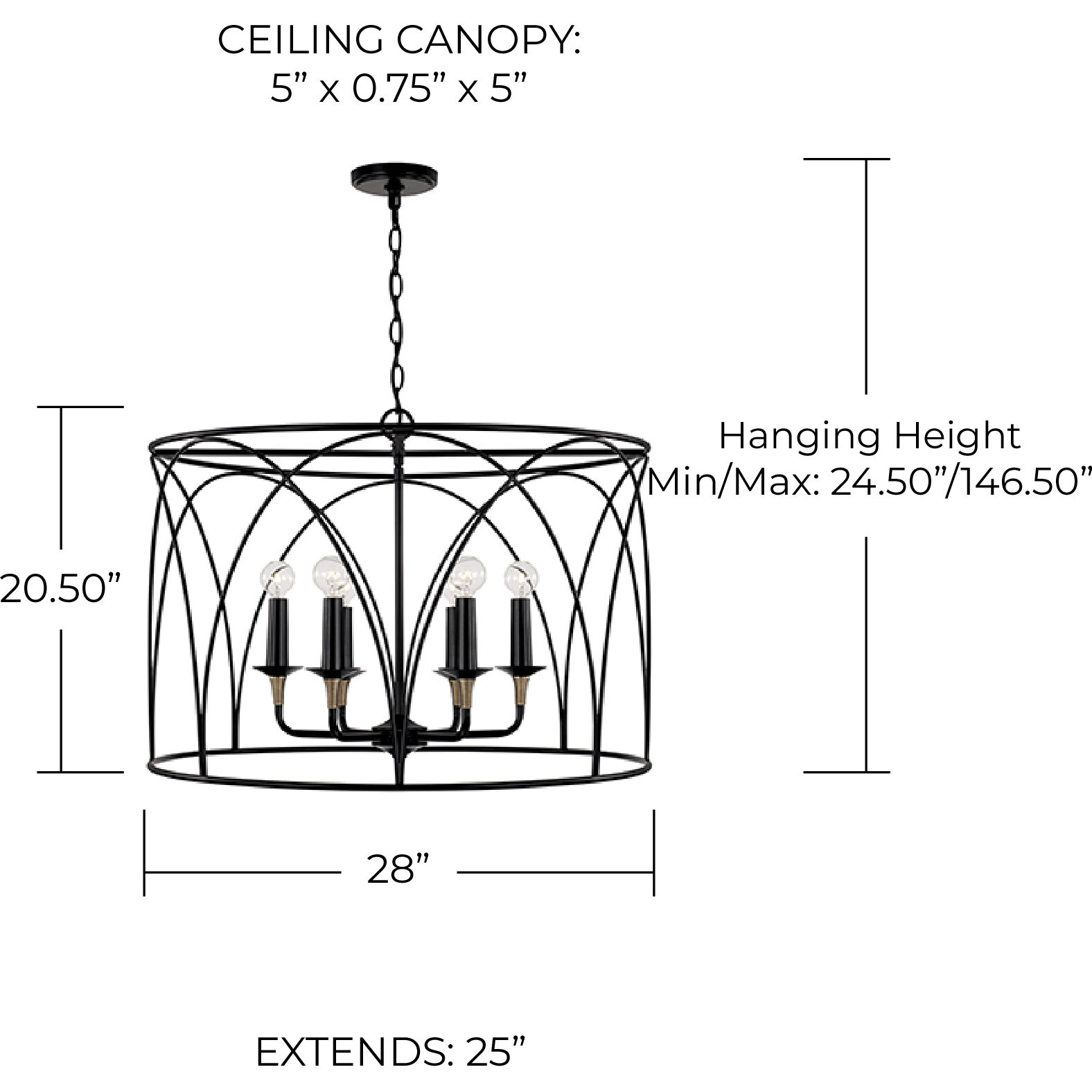 Amara 6 Light 28 inch Matte Black with Brass Pendant Ceiling Light
