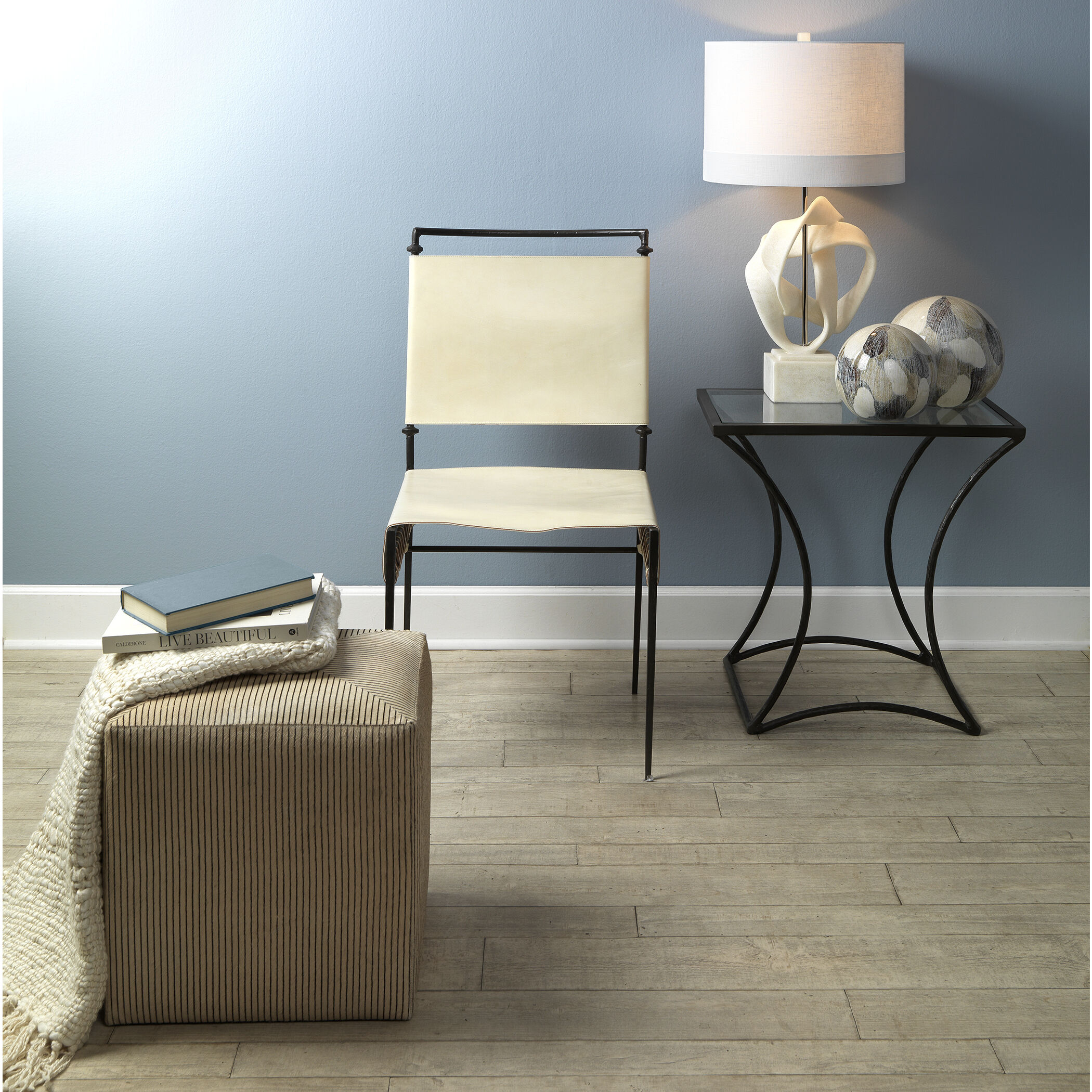 Pinstriped 16 inch Black & Cream Hide Ottoman