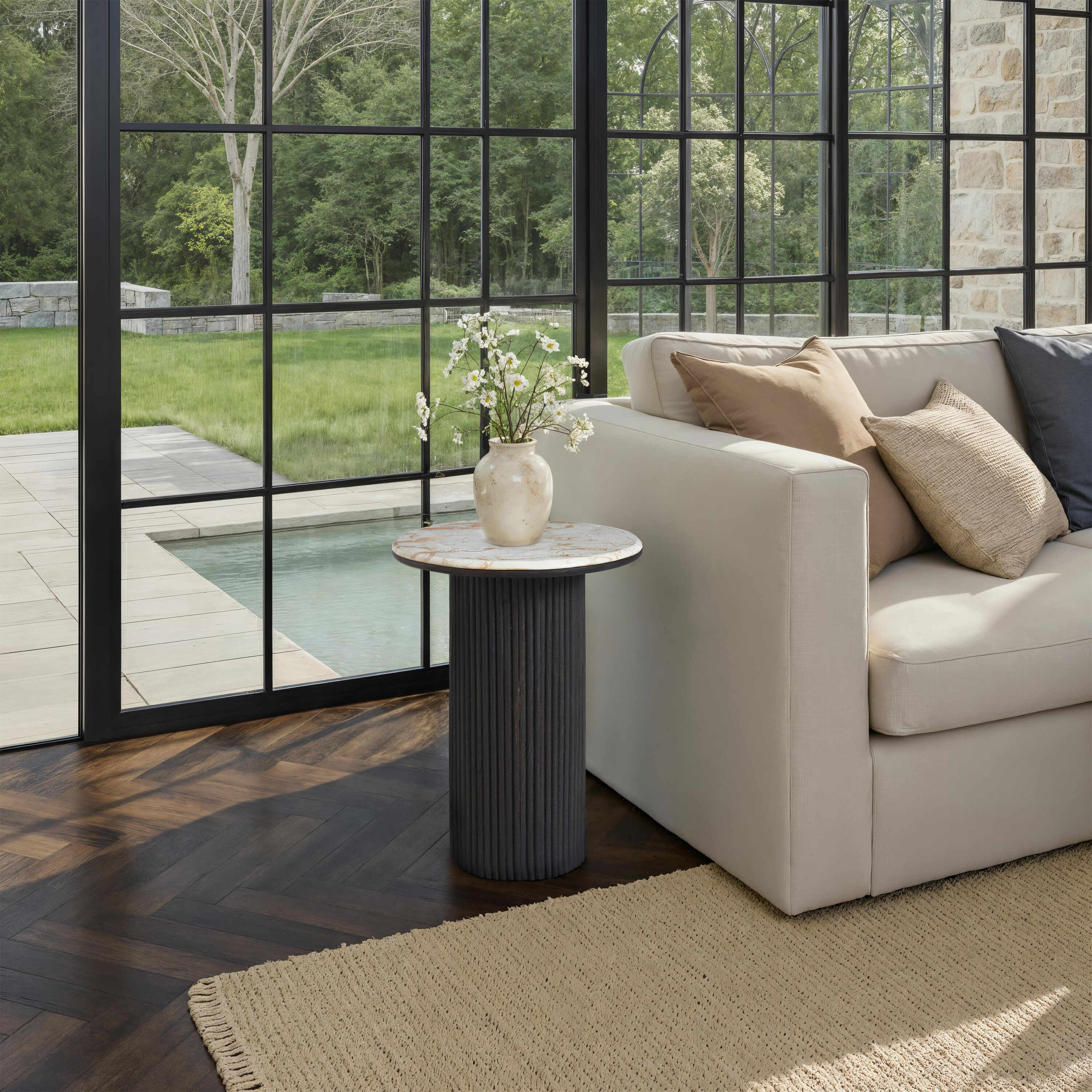 Alessio 24 X 18 inch Walnut and White Marble Side Table