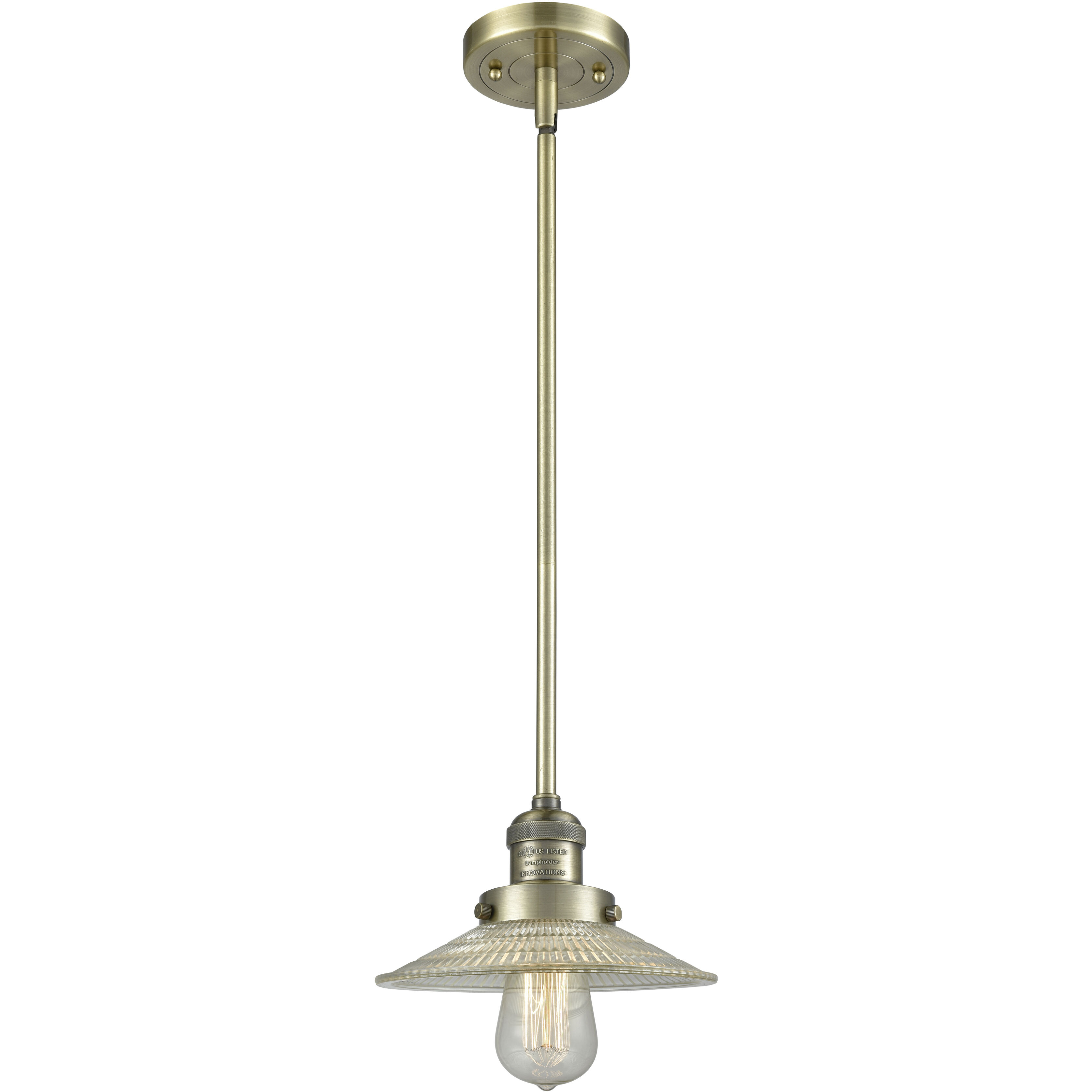 Franklin Restoration Halophane LED 8.5 inch Antique Brass Mini Pendant Ceiling Light in Clear Halophane Glass, Franklin Restoration