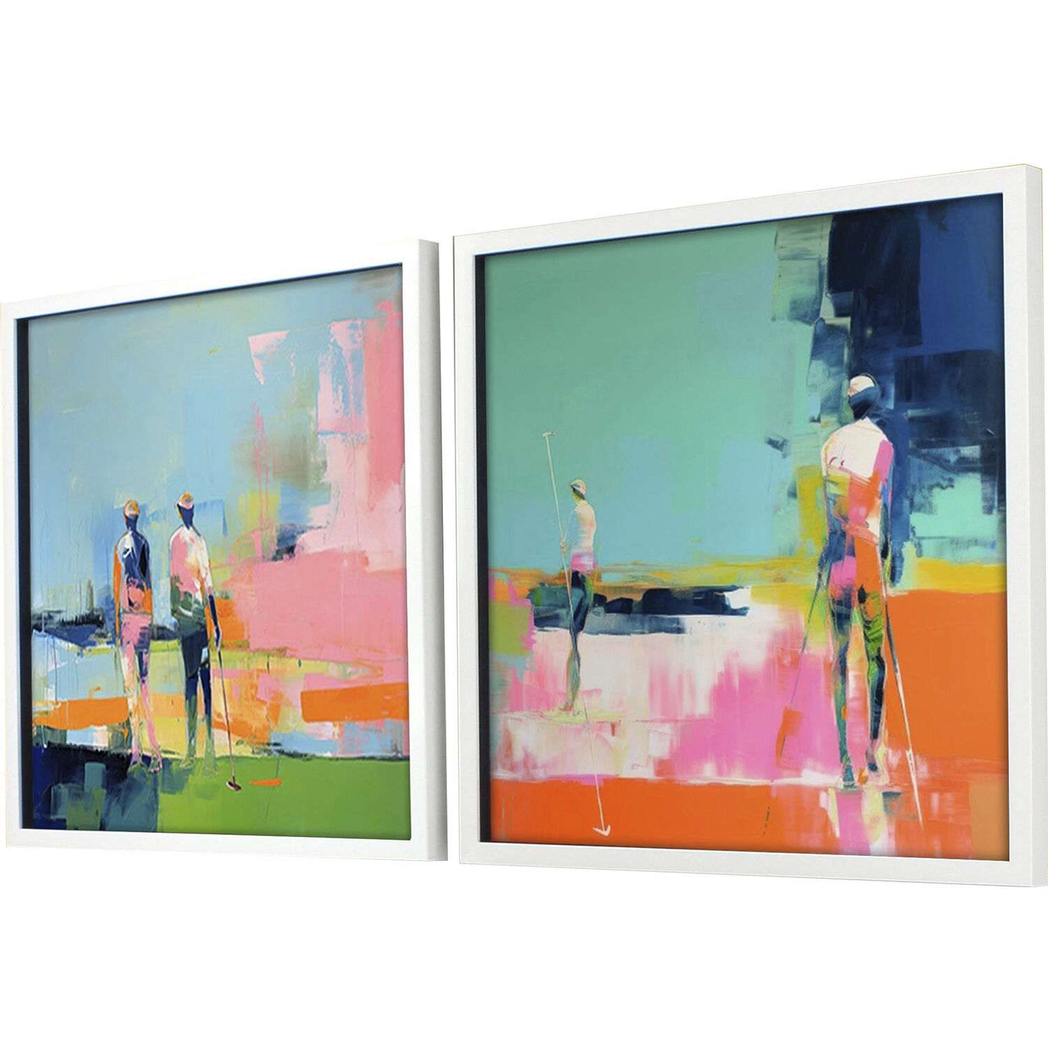 Golf Players Turquoise and Green and Pink and Orange Framed Art