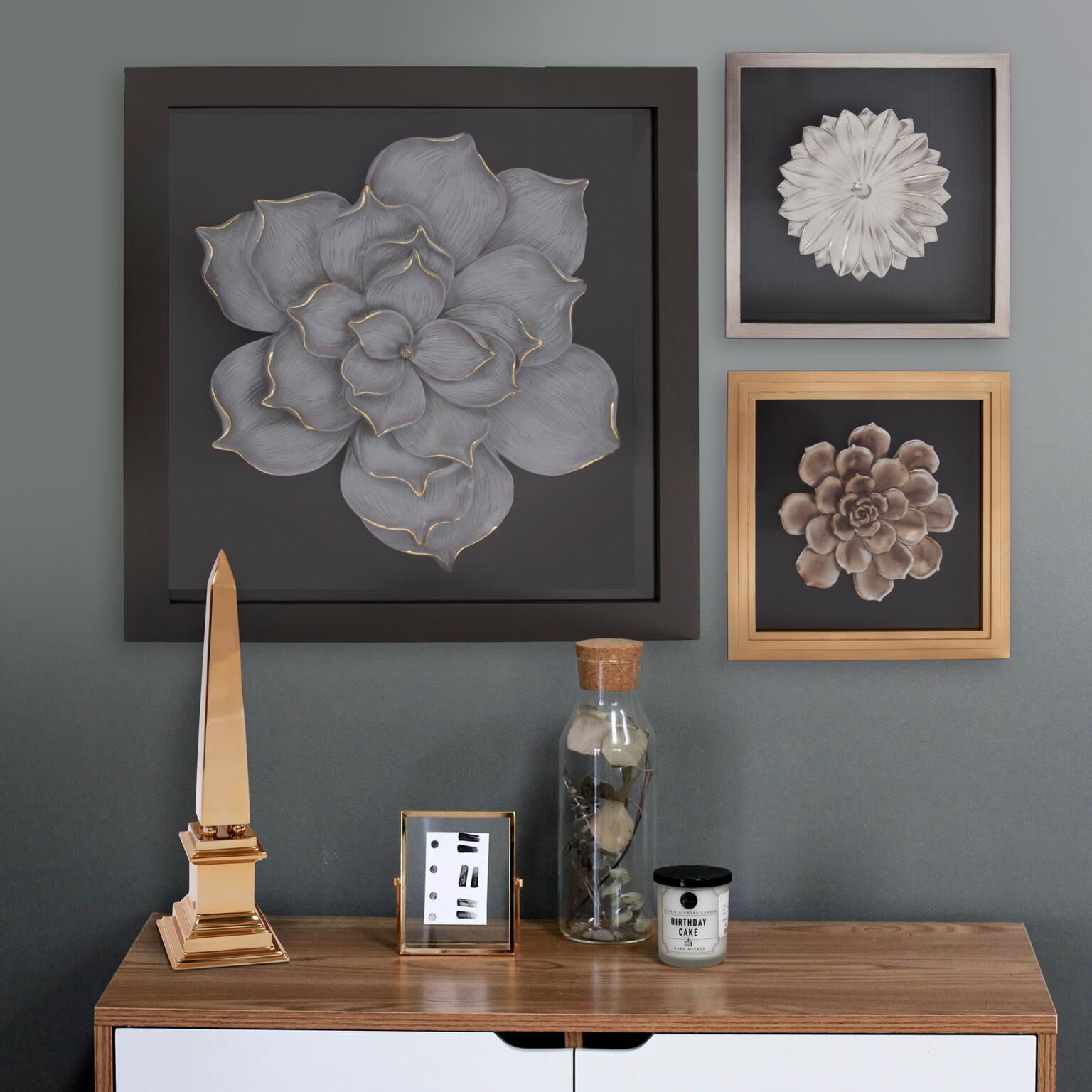 Magnolia Flower Gray Flower with Gold Accents Wood Wall Art