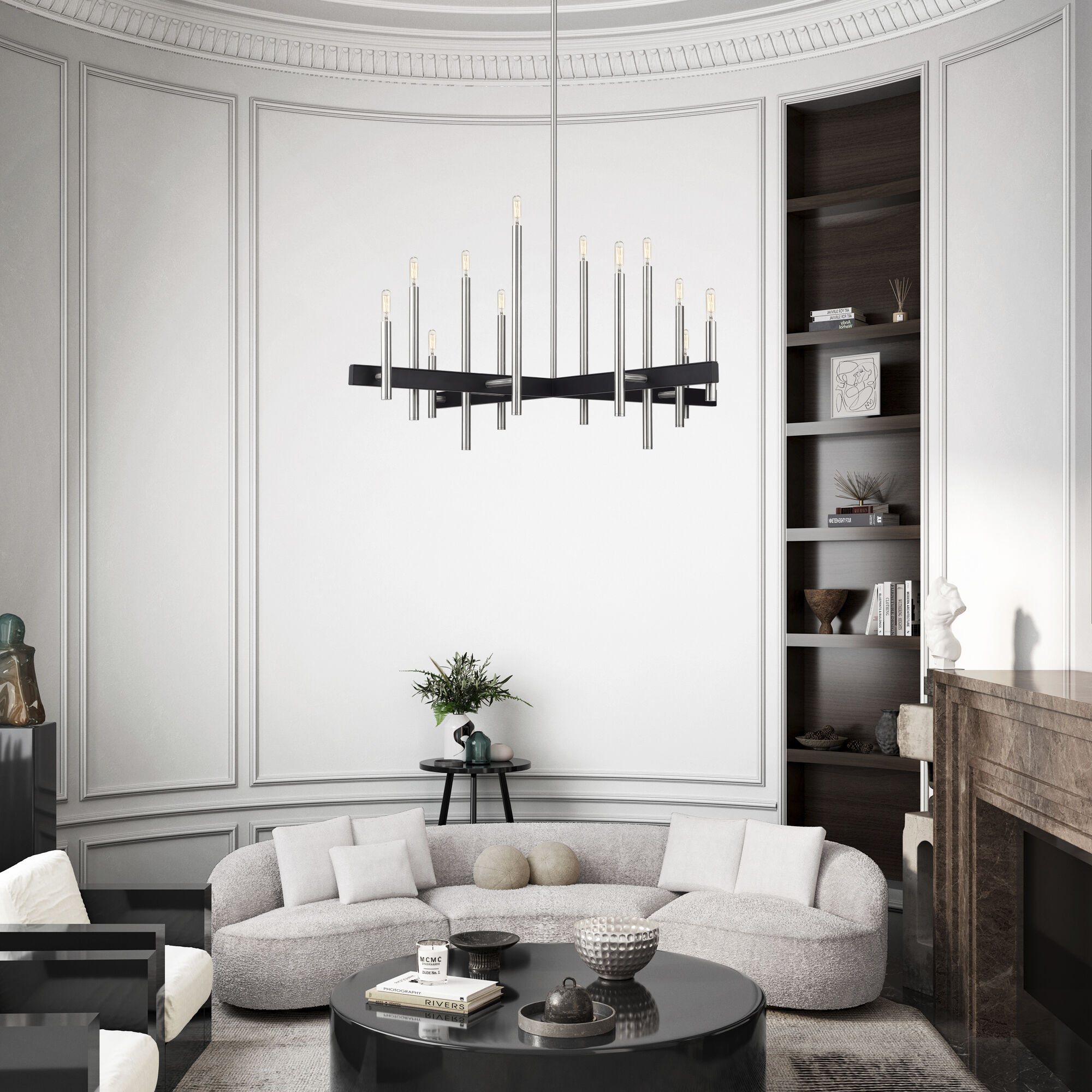Denmark 12 Light Brushed Nickel with Black Accents Linear Chandelier Ceiling Light